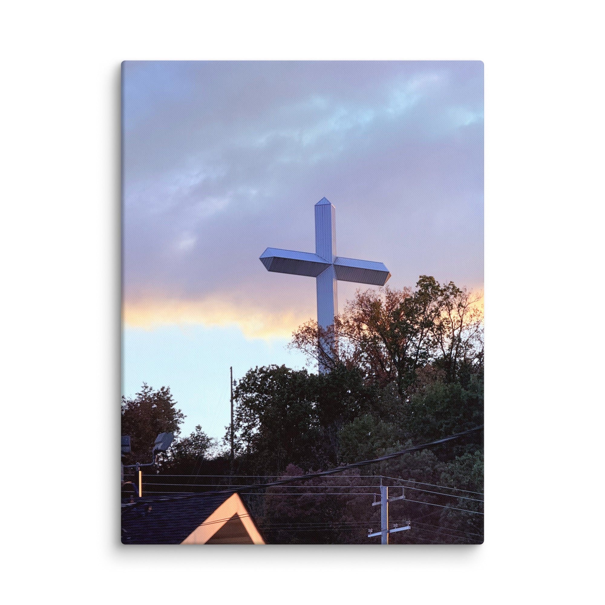 Church cross photo canvas print by Petals & Ash Studio, 18x24-inch wall art with detailed religious cross design.