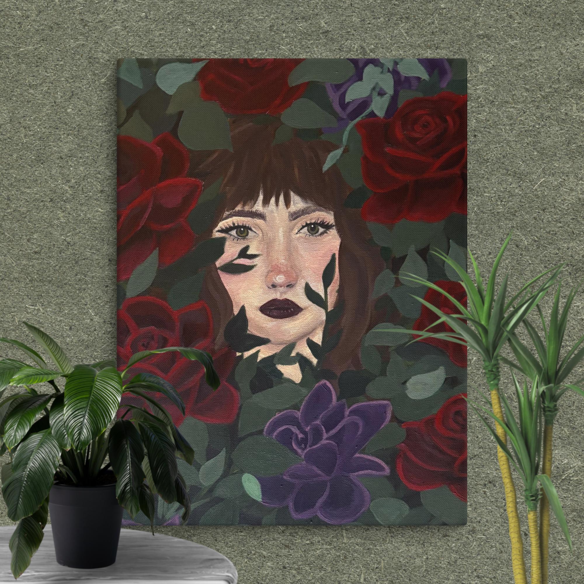 Canvas print of a face in flowers by Petals & Ash Studio, featuring vibrant floral artwork on an 18x24 inch wall canvas.