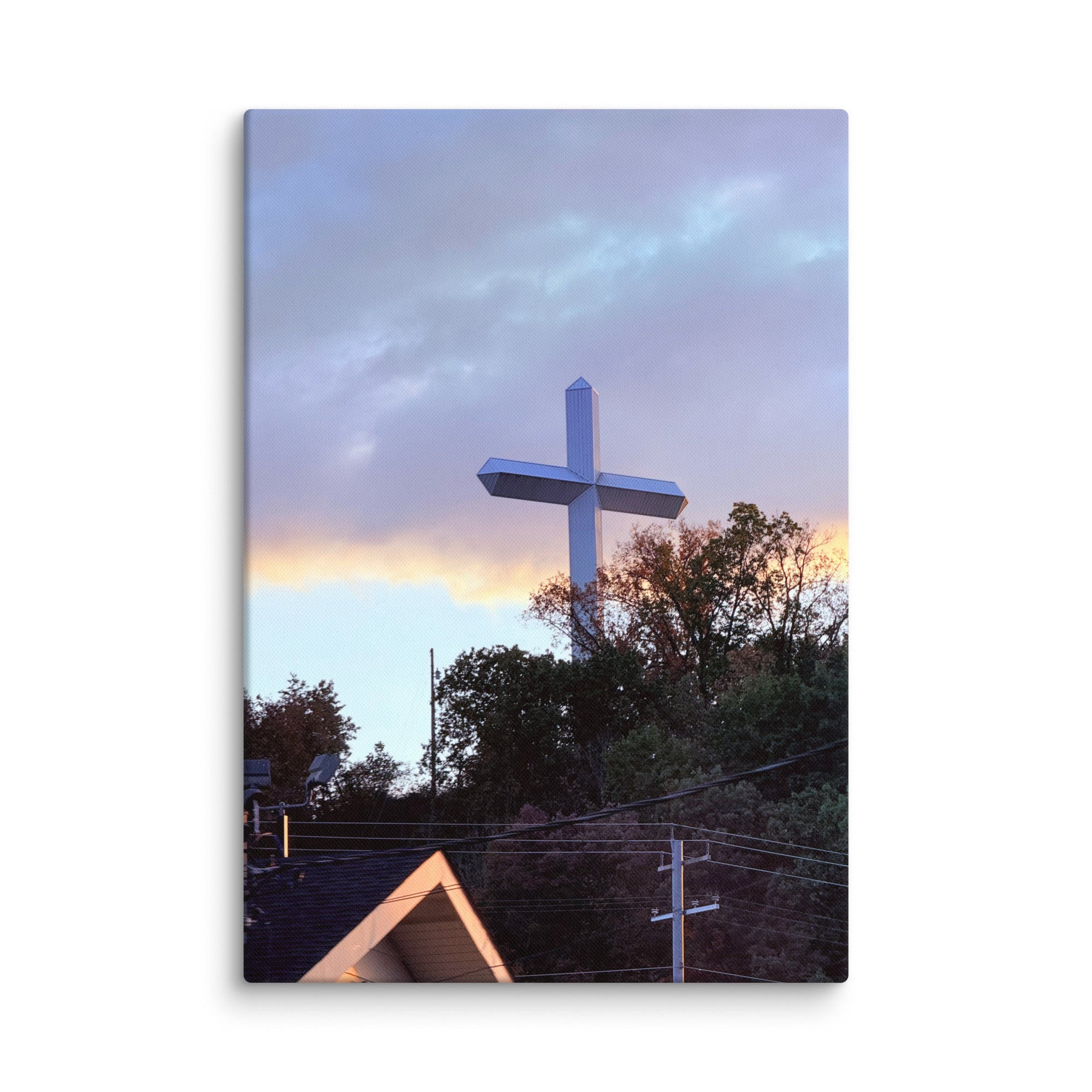 Canvas print of a church cross photo by Petals & Ash Studio, 18x26-inch wall art on textured canvas.