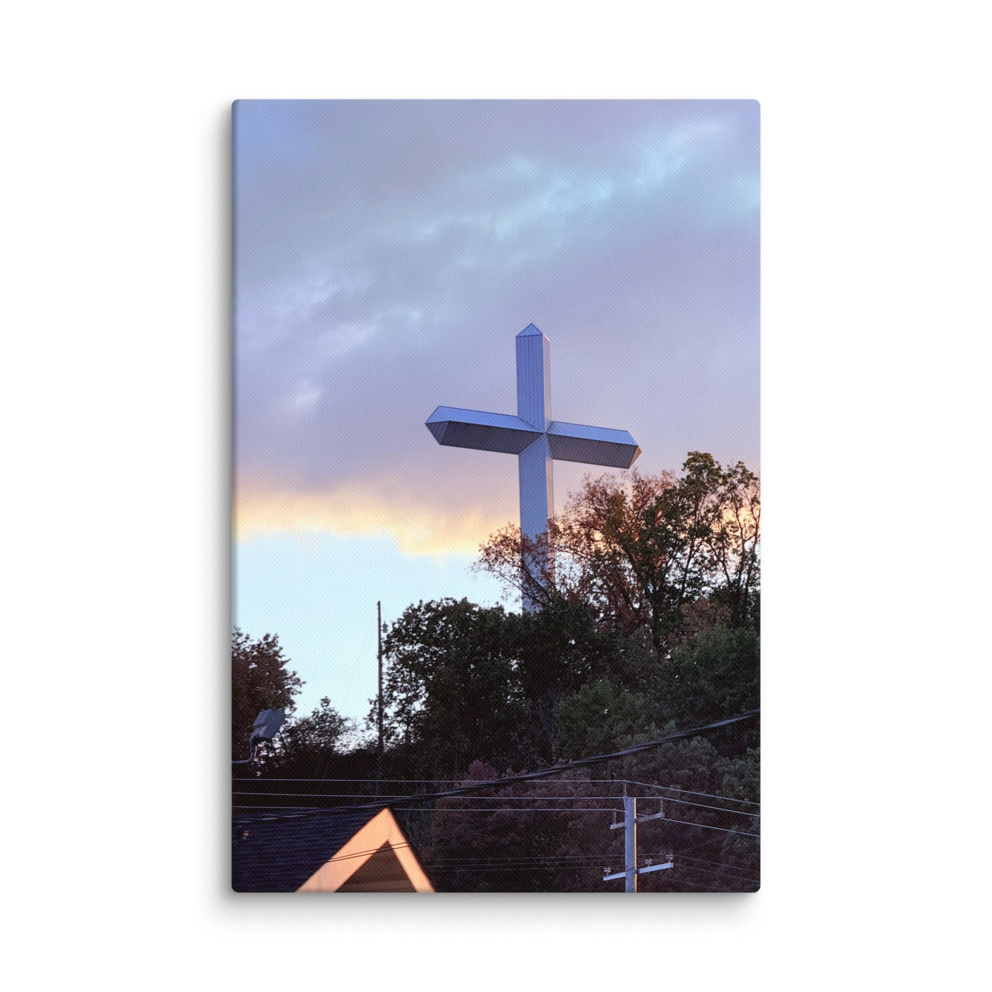 Petals & Ash Studio church cross photo canvas print on 8x12 wall art with detailed religious cross design.