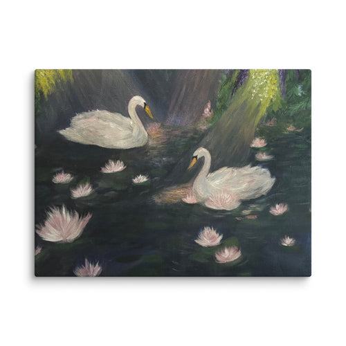 Swan Lake canvas print by Petals & Ash Studio, 9x12 inch wall art featuring a graceful swan and elegant design.