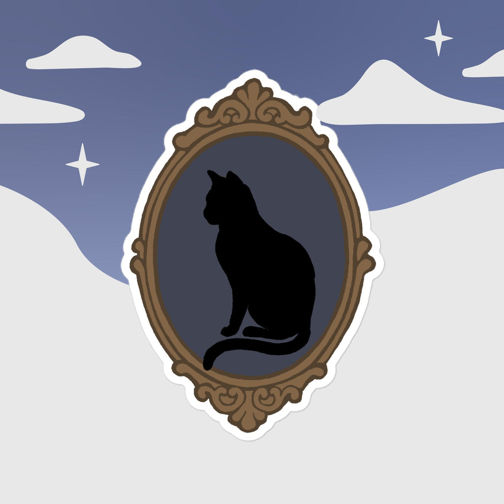 Black cat die-cut sticker by Petals & Ash Studio, satin finish, 6x6 inches, featuring a sleek feline design on a white background.