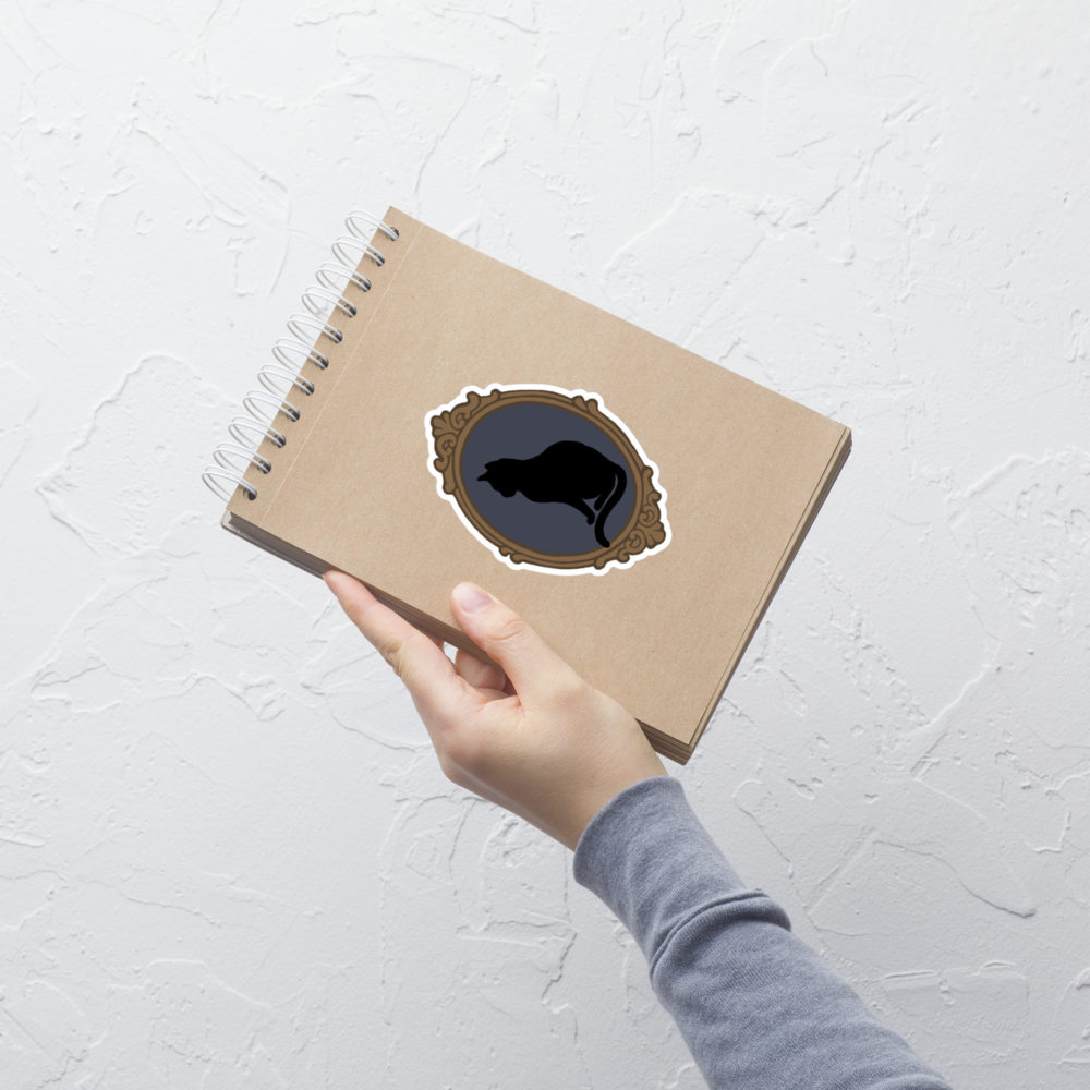 Black cat die-cut sticker framed in satin finish, from Petals & Ash Studio, featuring a sleek, artistic feline design on a 6x6 inch sheet.