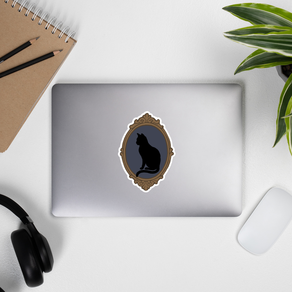 Black cat sticker from Petals & Ash Studio, framed die-cut satin finish, 6x6 inches, detailed feline design.
