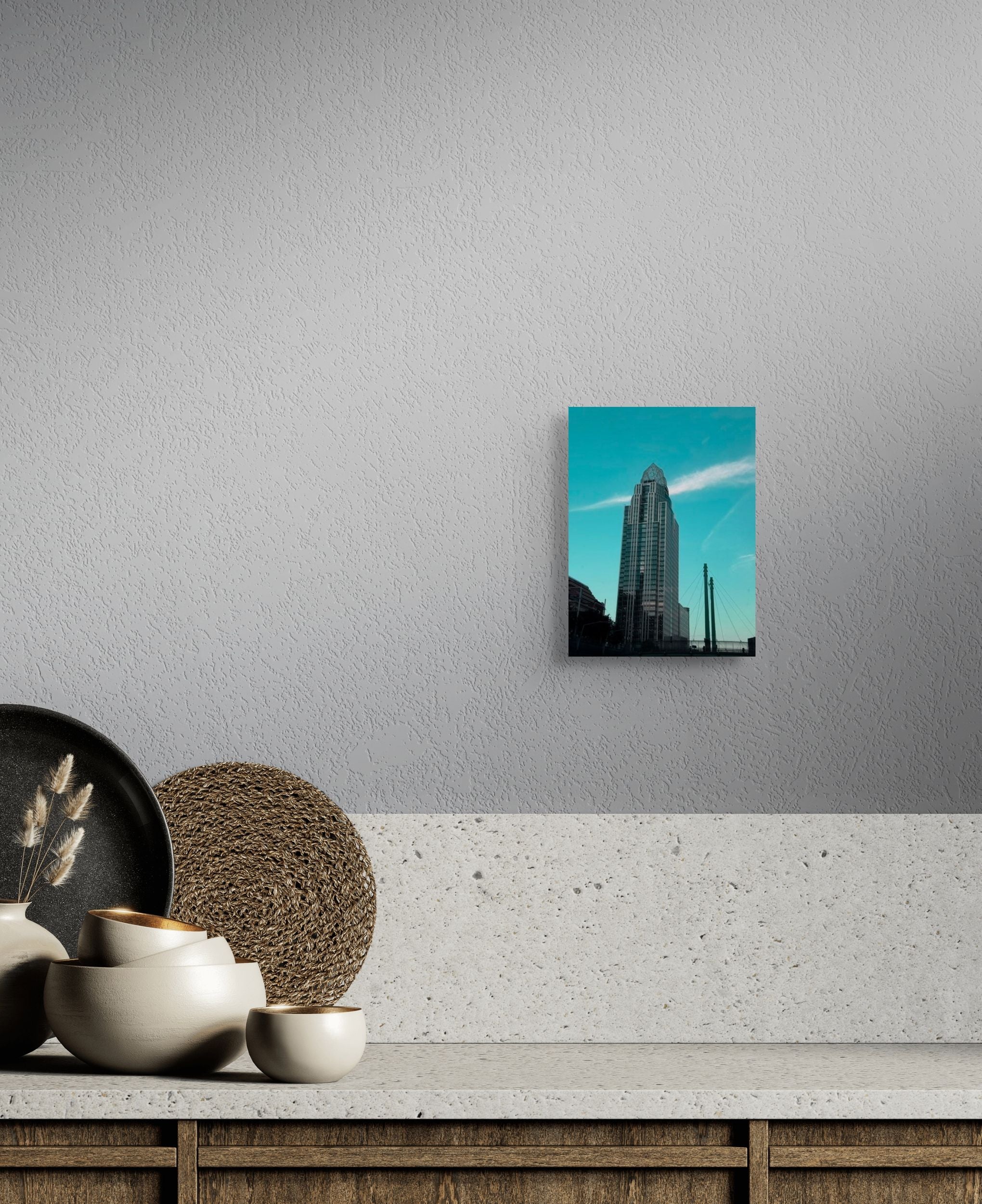 City building photo canvas print by Petals & Ash Studio featuring a vibrant urban skyline on a decorative wall art piece.