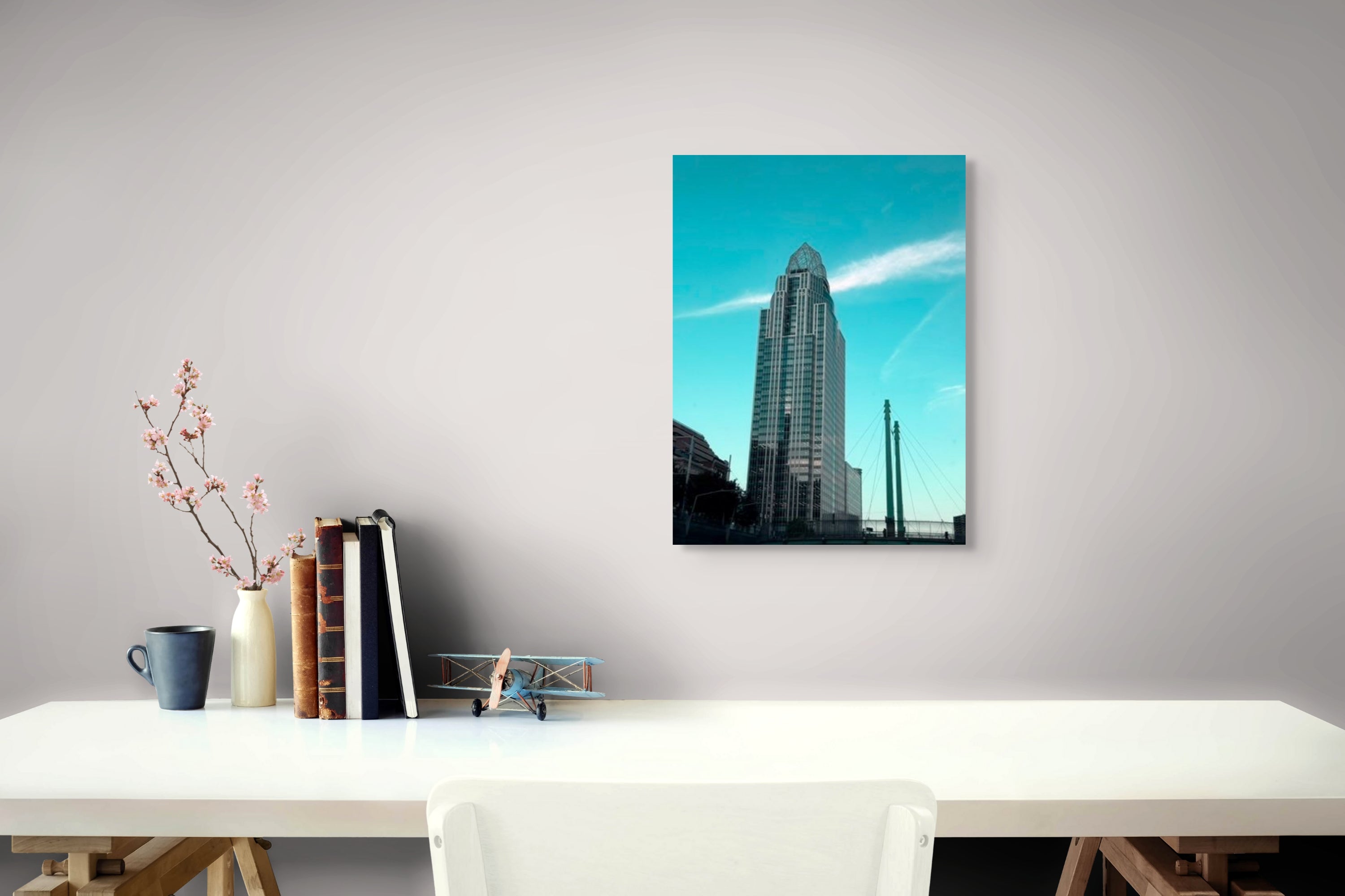 City building photo canvas print by Petals & Ash Studio, featuring a modern urban skyline with tall skyscrapers on canvas.