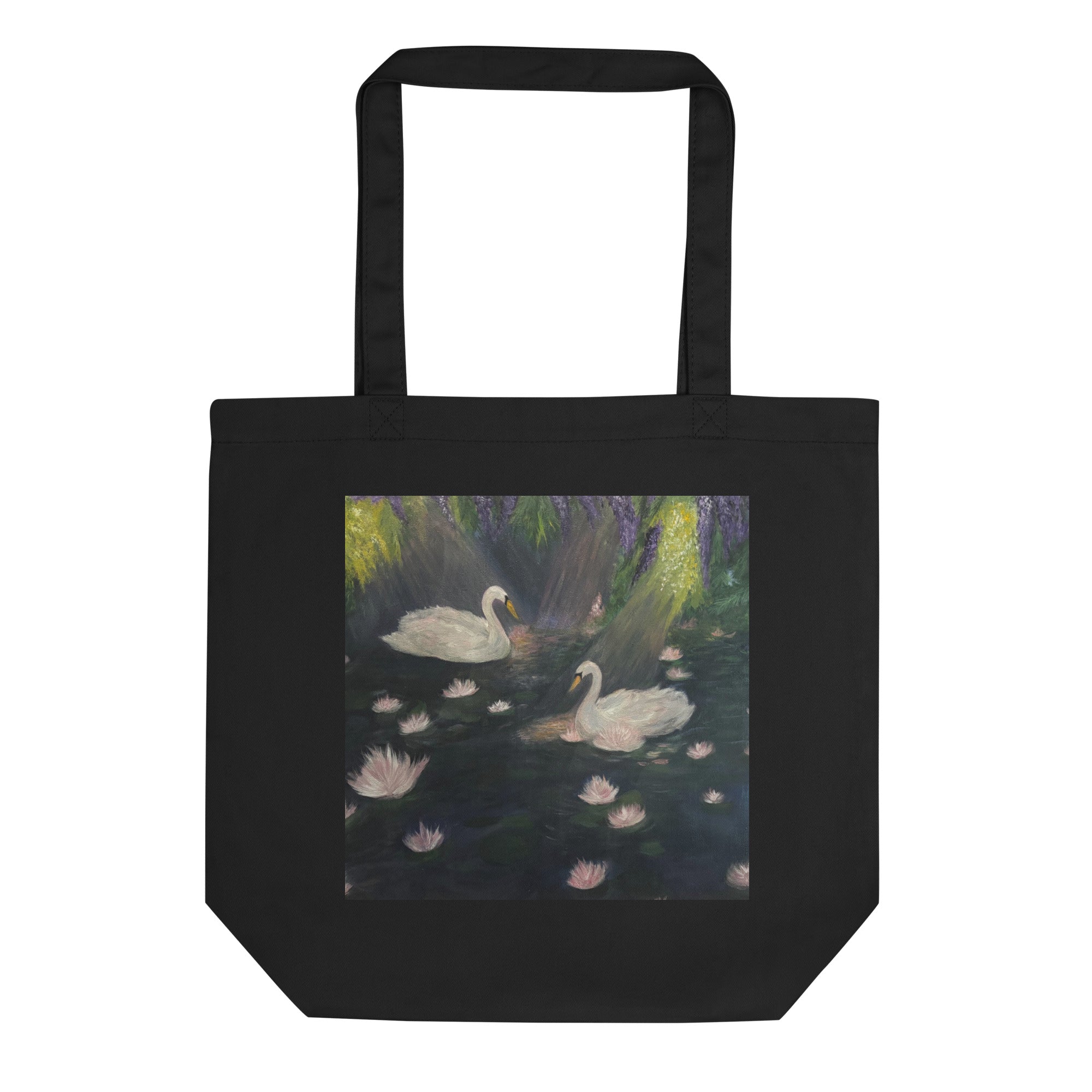 Black Swan Lake Tote Bag T-shirt by Petals & Ash Studio featuring a stylish tote bag with a Swan Lake design on the front.