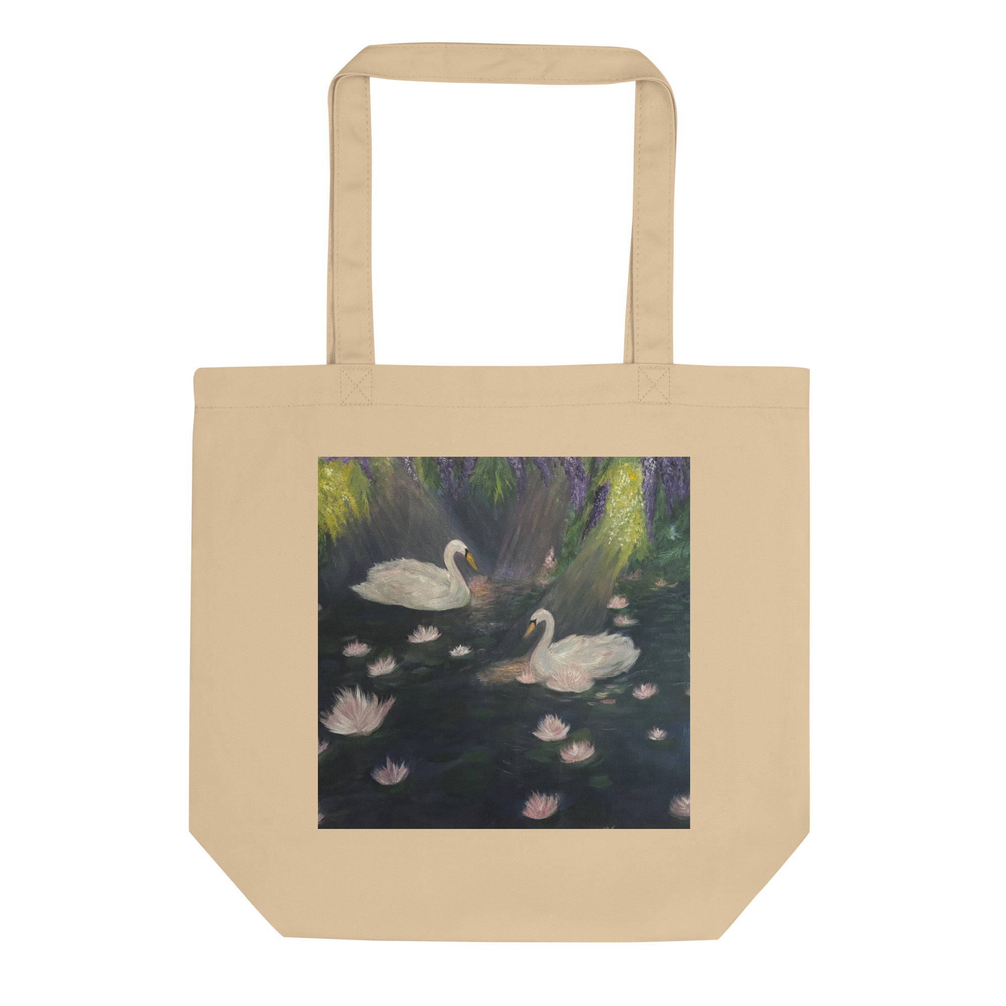 Swan Lake Tote Bag T-shirt by Petals & Ash Studio featuring a stylish oyster-colored eco-friendly tote bag with Swan Lake design.