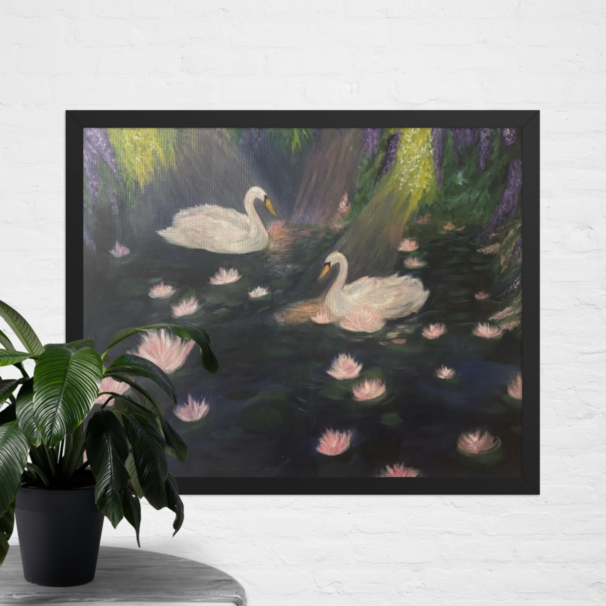 Framed Swan Lake art print by Petals & Ash Studio on enhanced matte paper in a black 16x20 frame, showcasing elegant ballet imagery.