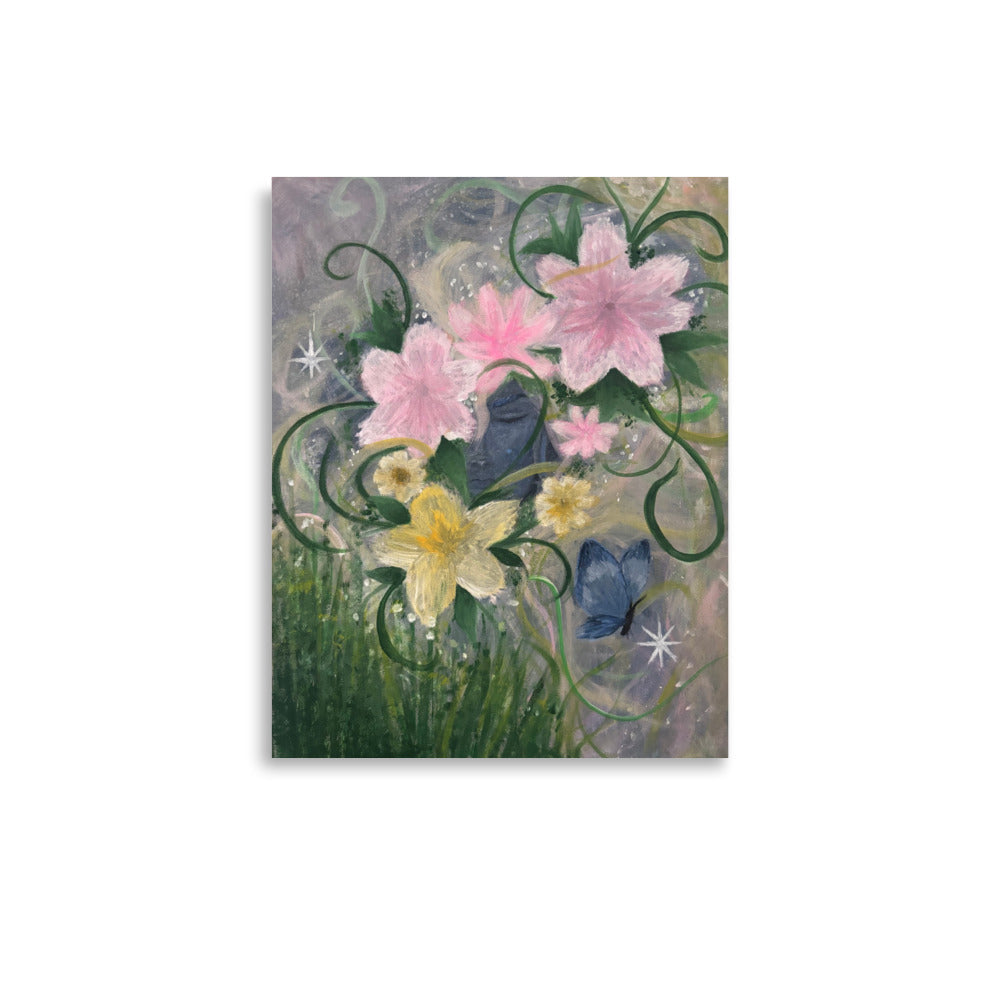 Petals & Ash Studio Between Petals and Stars poster print on enhanced matte paper, 11x14 inches, featuring a celestial floral design.