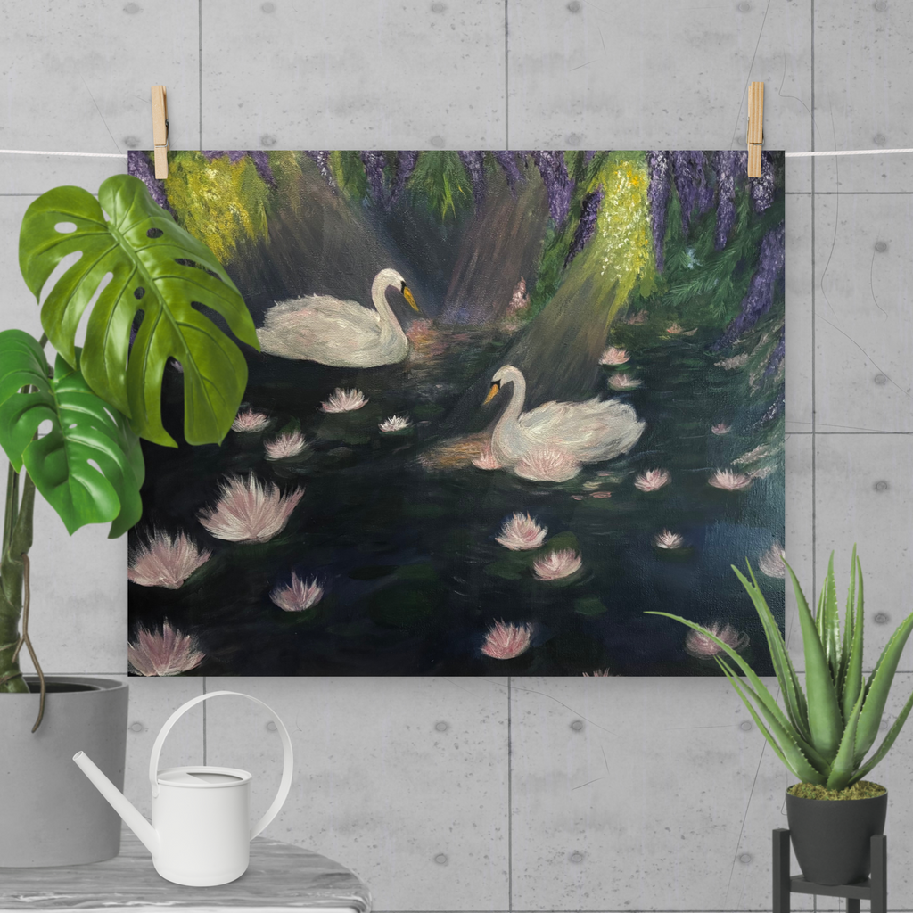 Ethereal Swan Lake art print poster on enhanced matte paper, featuring a delicate ballet-themed design by Petals & Ash Studio.