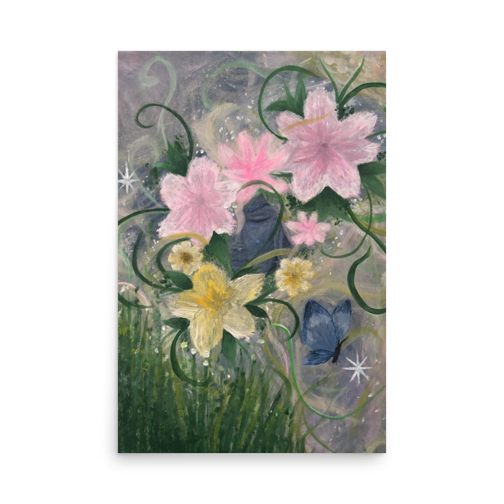 Petals & Ash Studio Between Petals and Stars poster print on enhanced matte paper, 24x36 inches, featuring a celestial floral design.