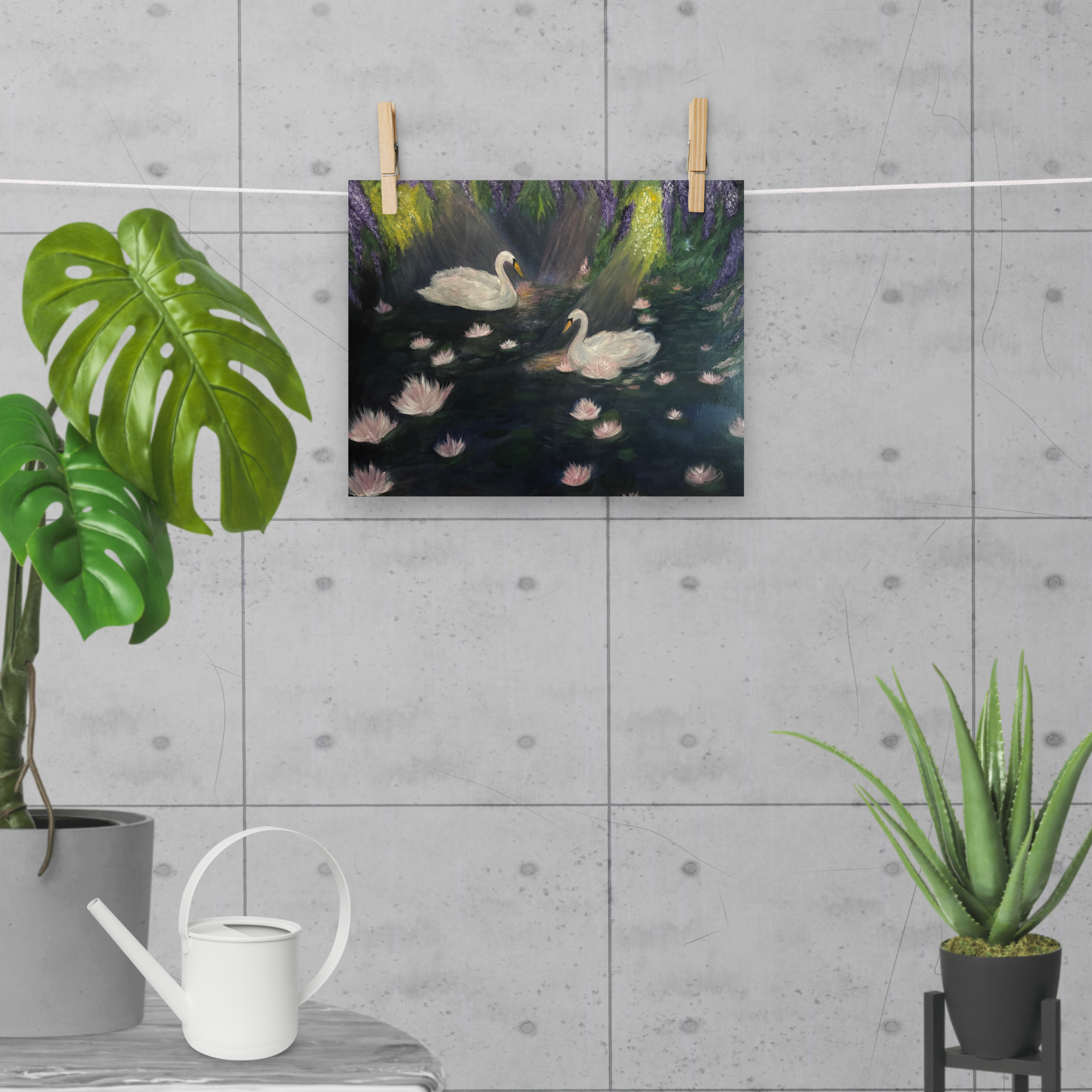 Elegant Swan Lake poster print on enhanced matte paper, featuring graceful swan imagery from Petals & Ash Studio in 8x10 size.