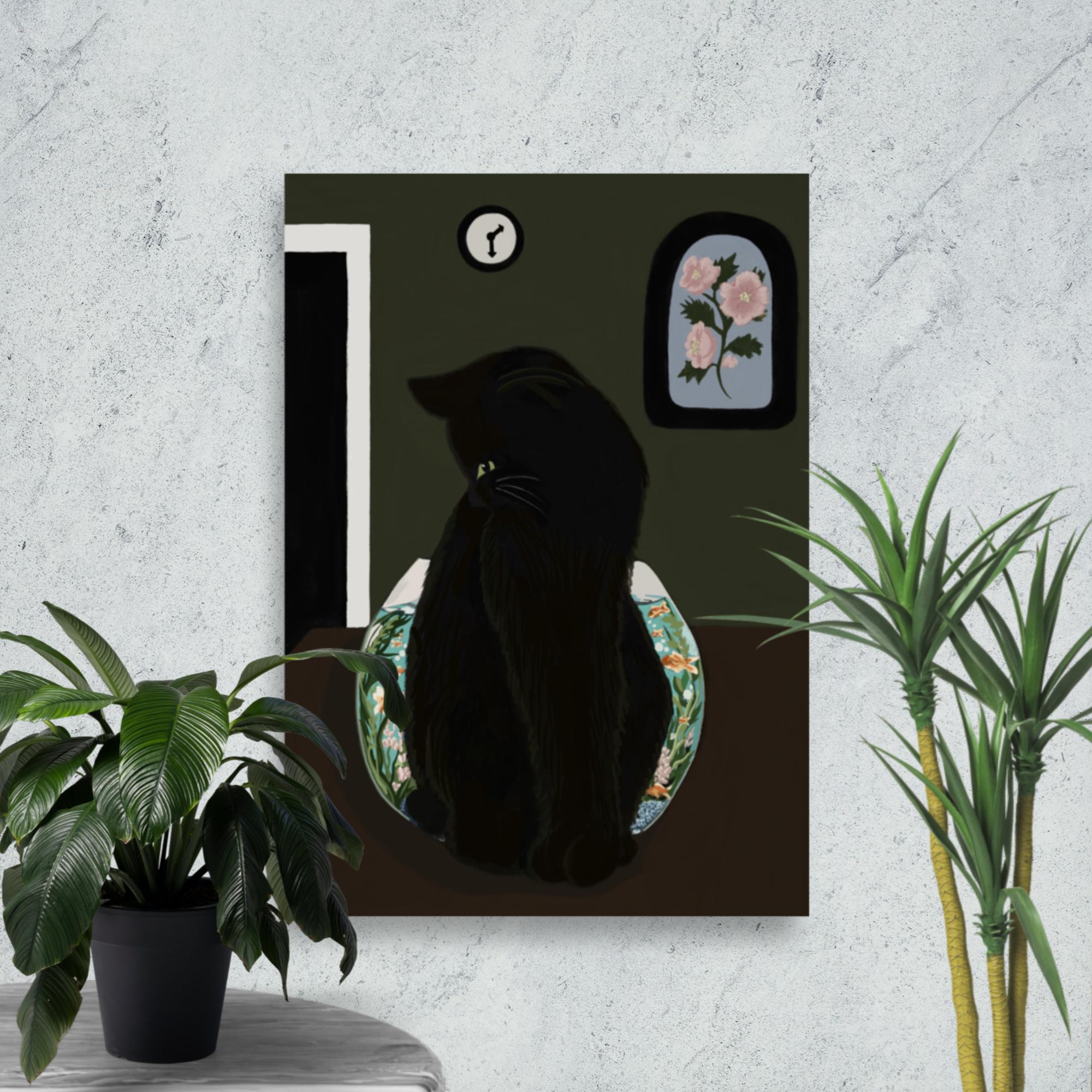 Black cat art print titled "Glass Between Us" on enhanced matte paper, featuring Petals & Ash Studio branding.