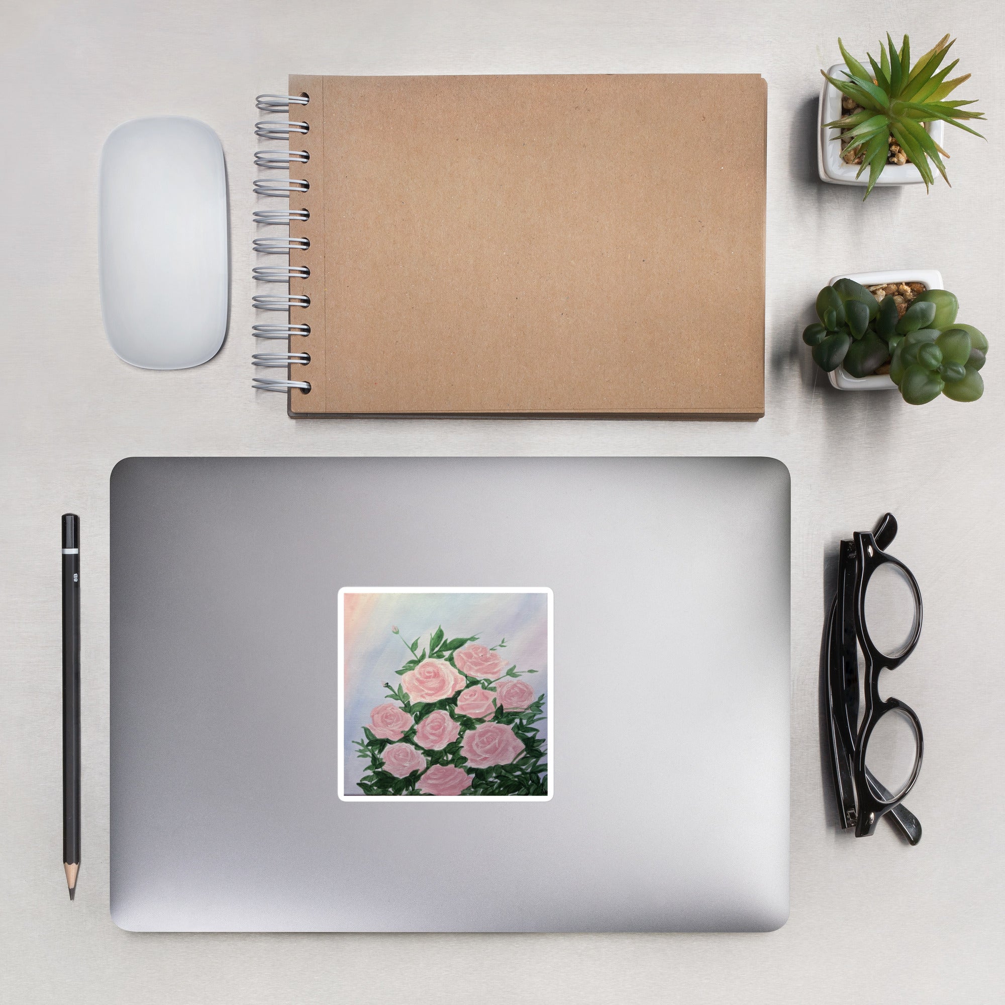 White rose petal bubble-free stickers from Petals & Ash Studio, shown in a 4x4 kiss-cut sticker sheet on a lifestyle background.