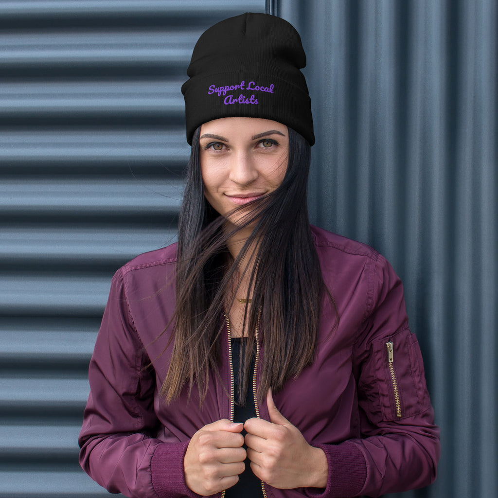 Black embroidered knit beanie featuring "Support Local Artists" design by Petals & Ash Studio, stylish and cozy winter accessory.