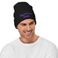Black embroidered knit beanie featuring "Support Local Artists" text from Petals & Ash Studio, stylish and cozy winter accessory.