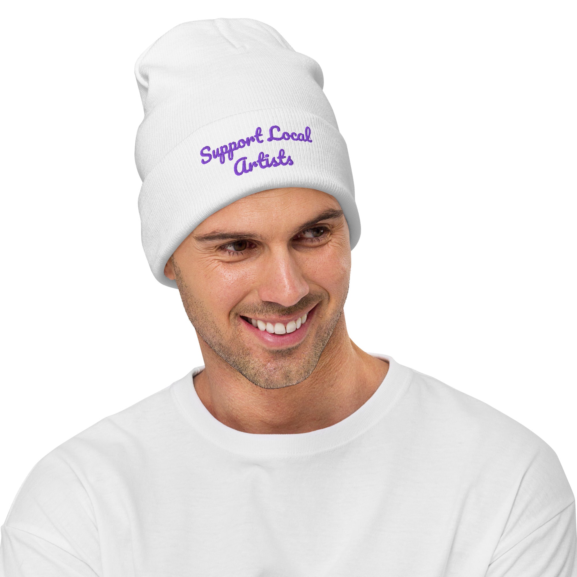 White knitted beanie with embroidered "Support Local Artists" logo by Petals & Ash Studio, front view.