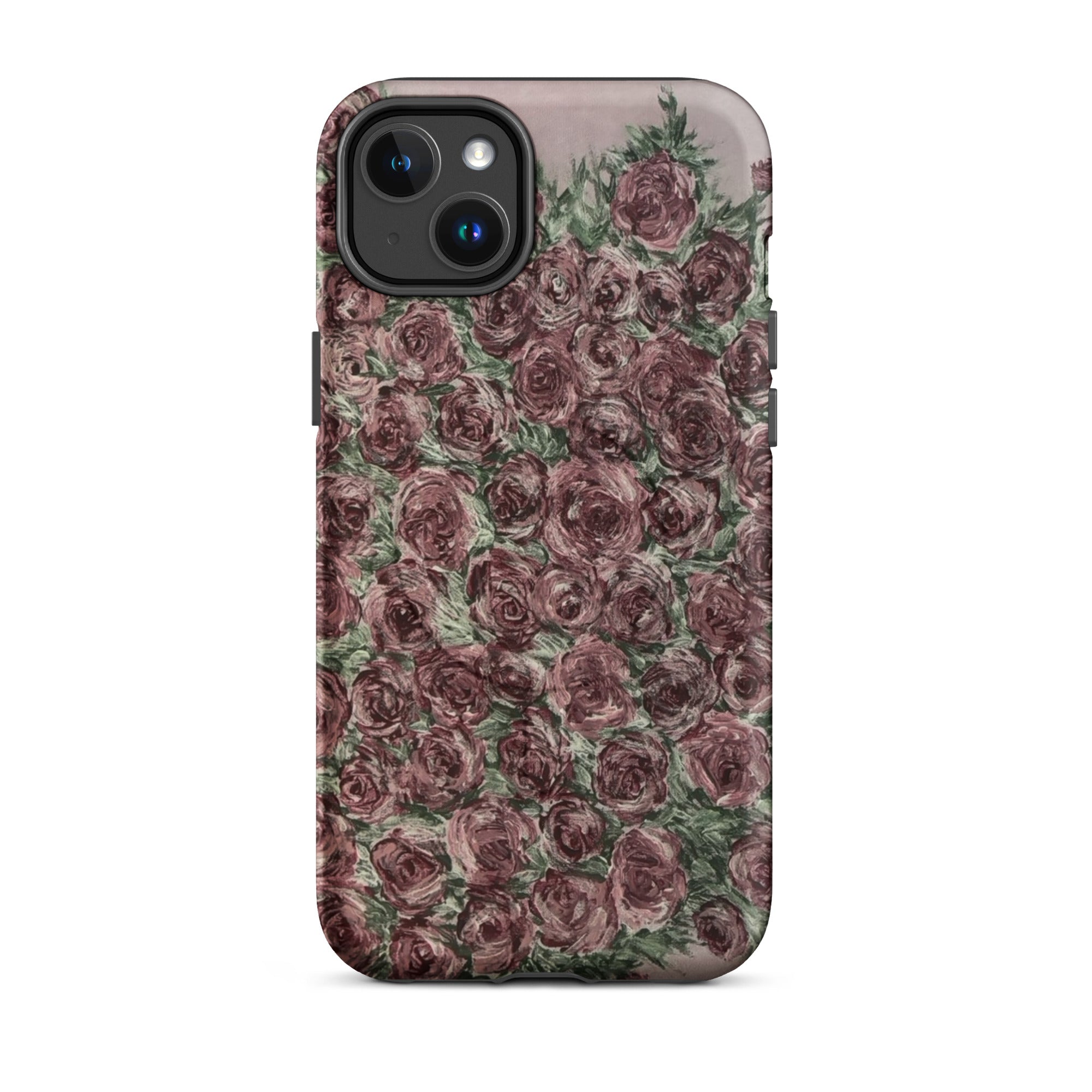 Petals & Ash Studio MagSafe tough case for iPhone 14 Plus featuring a matte finish with a vibrant rose design.