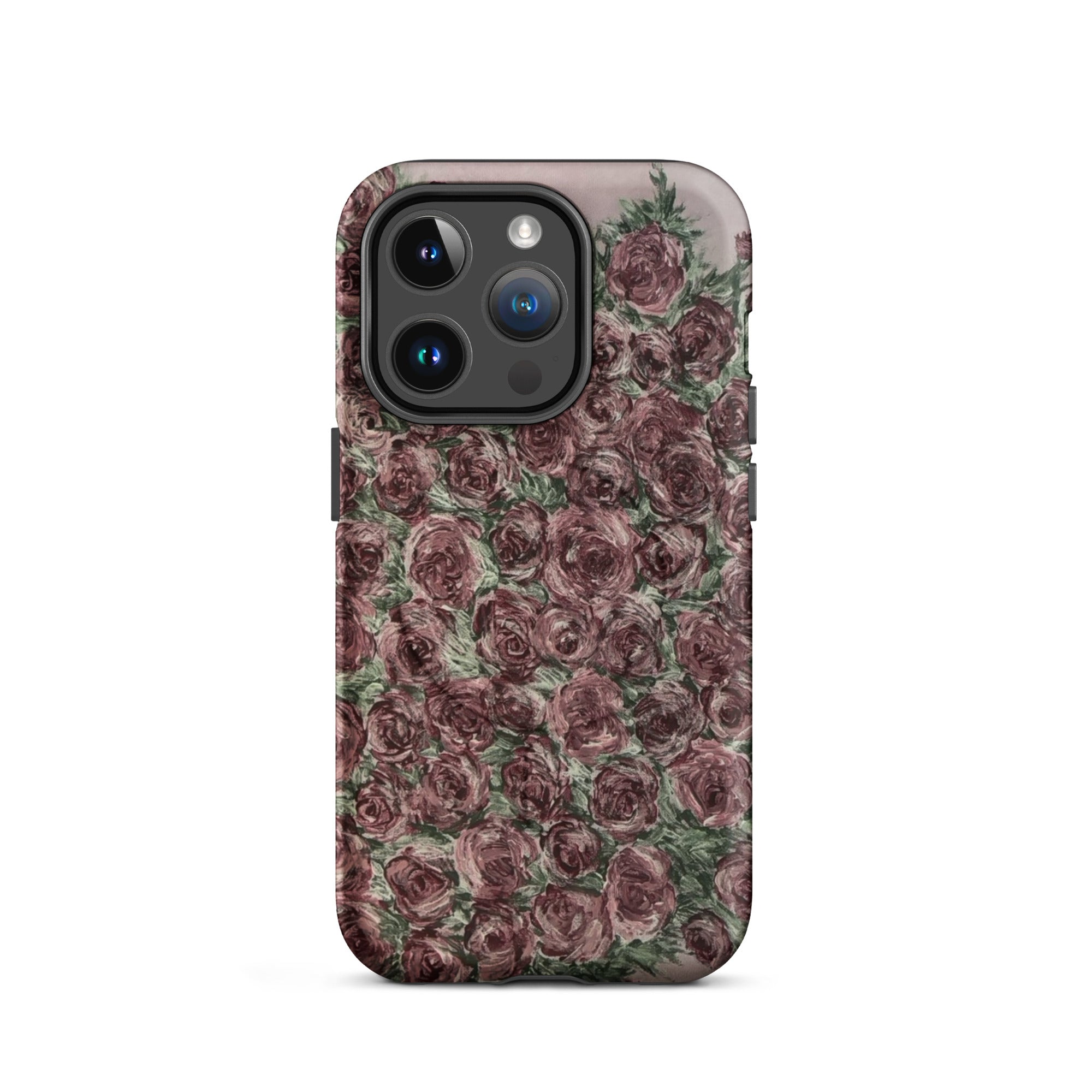 Petals & Ash Studio MagSafe tough case for iPhone 14 Pro featuring a matte finish and floral rose design.