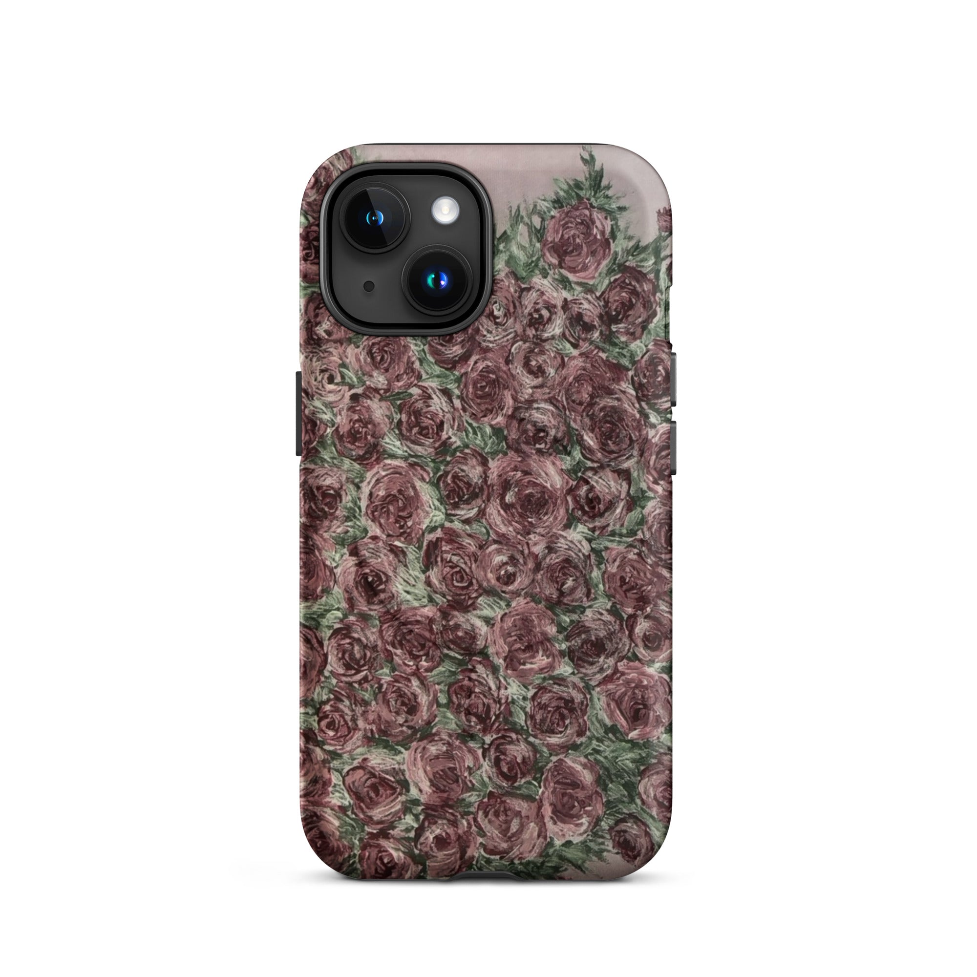 Petals & Ash Studio MagSafe tough case for iPhone 15 with a matte rose design, featuring an elegant floral pattern and protective build.
