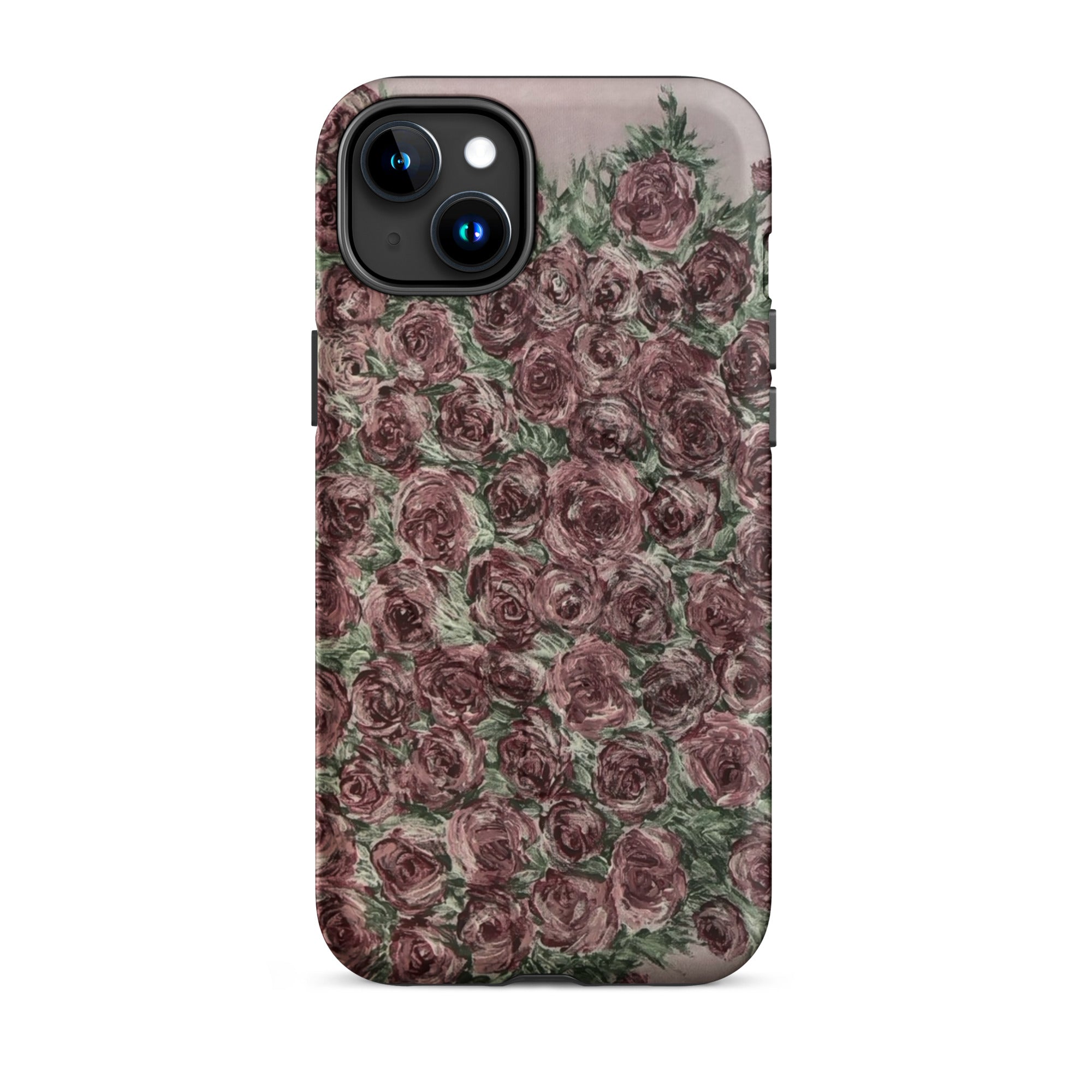 Petals & Ash Studio MagSafe tough case for iPhone 15 Plus with matte finish, featuring a vibrant rose design on the front.
