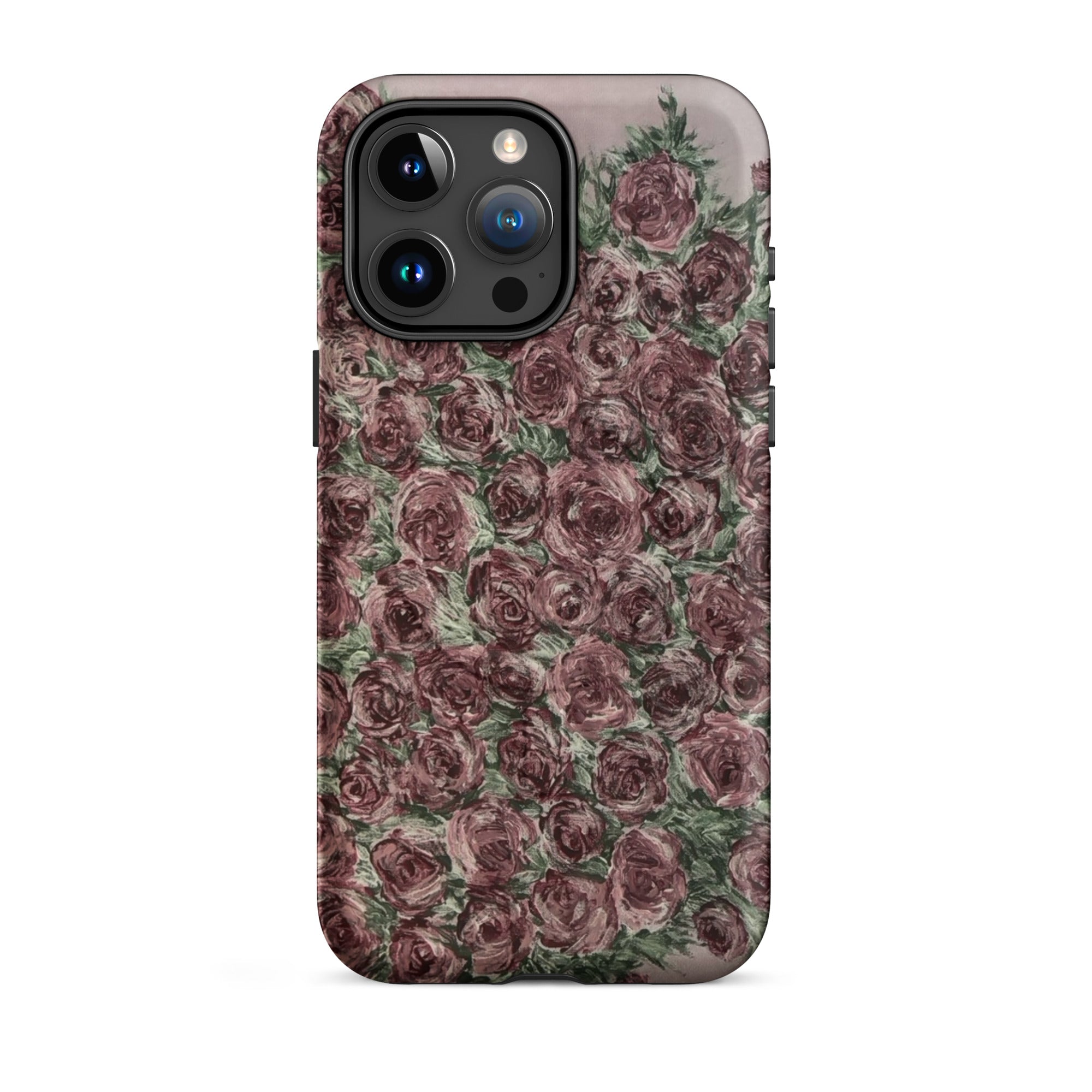 Petals & Ash Studio MagSafe tough case for iPhone 15 Pro Max with rose pattern, matte finish, protective design, front view.