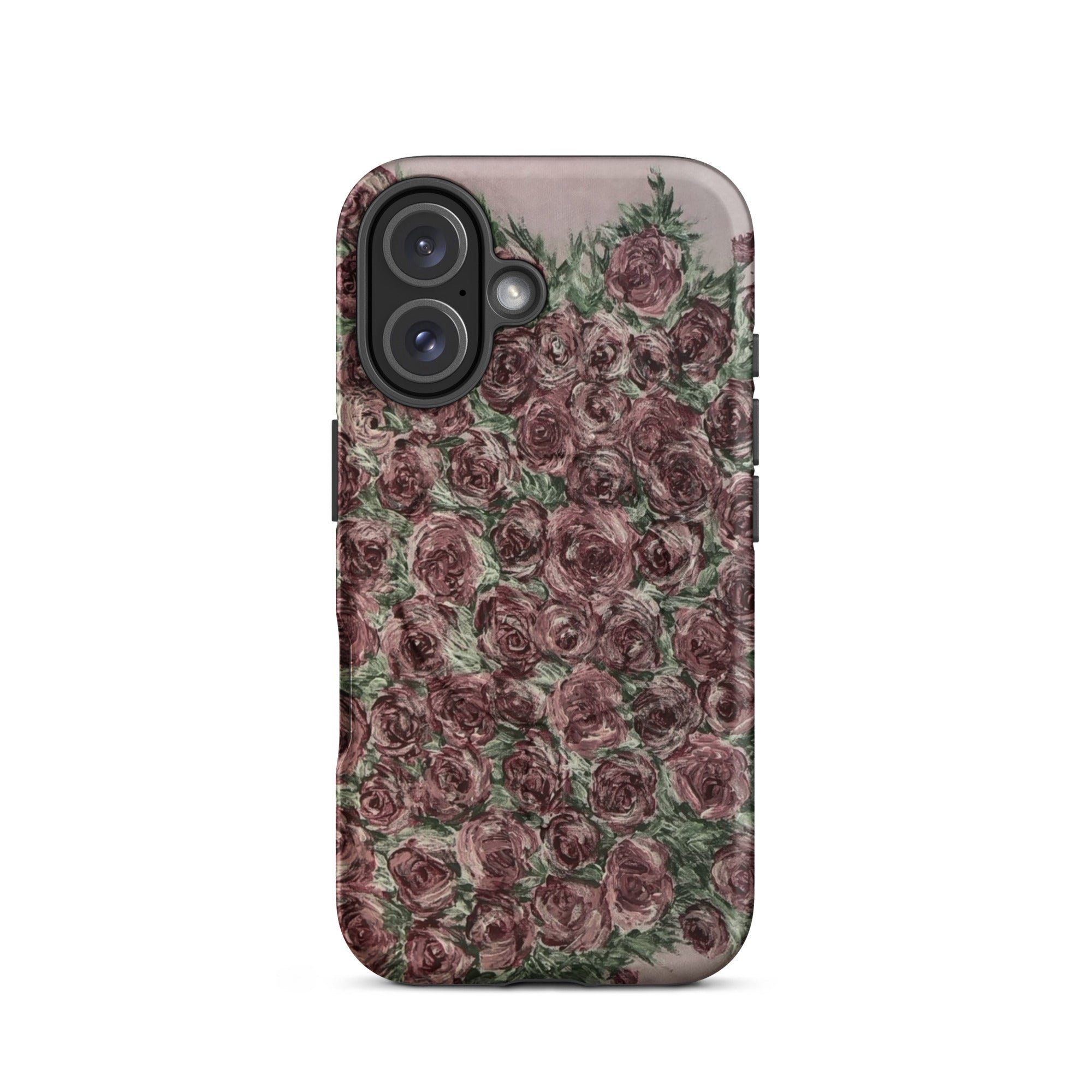 Petals & Ash Studio MagSafe tough case for iPhone with matte finish and rose design, shown on front of iPhone 16.