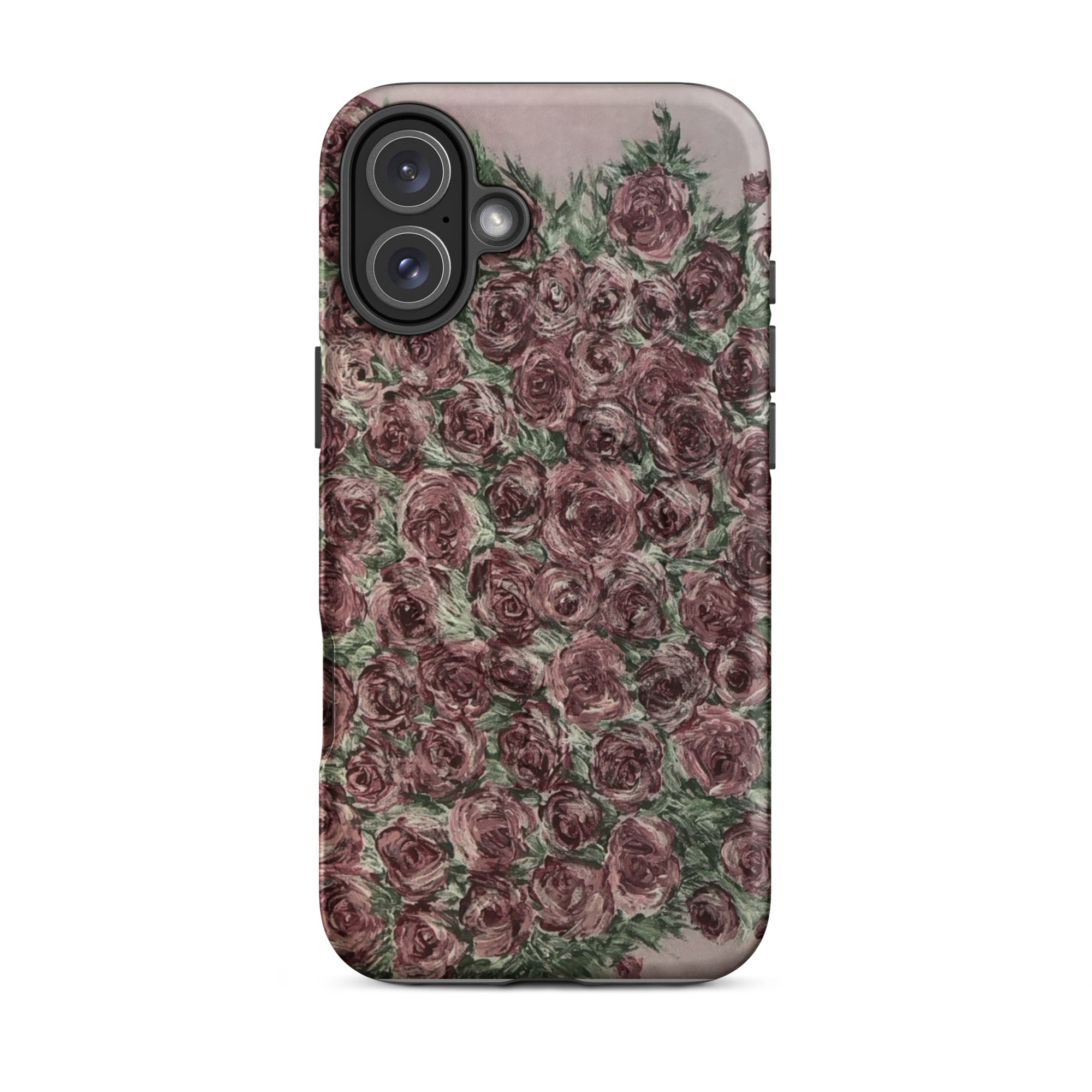 Petals & Ash Studio MagSafe tough case for iPhone 16 Plus with a matte finish featuring a vibrant rose pattern.