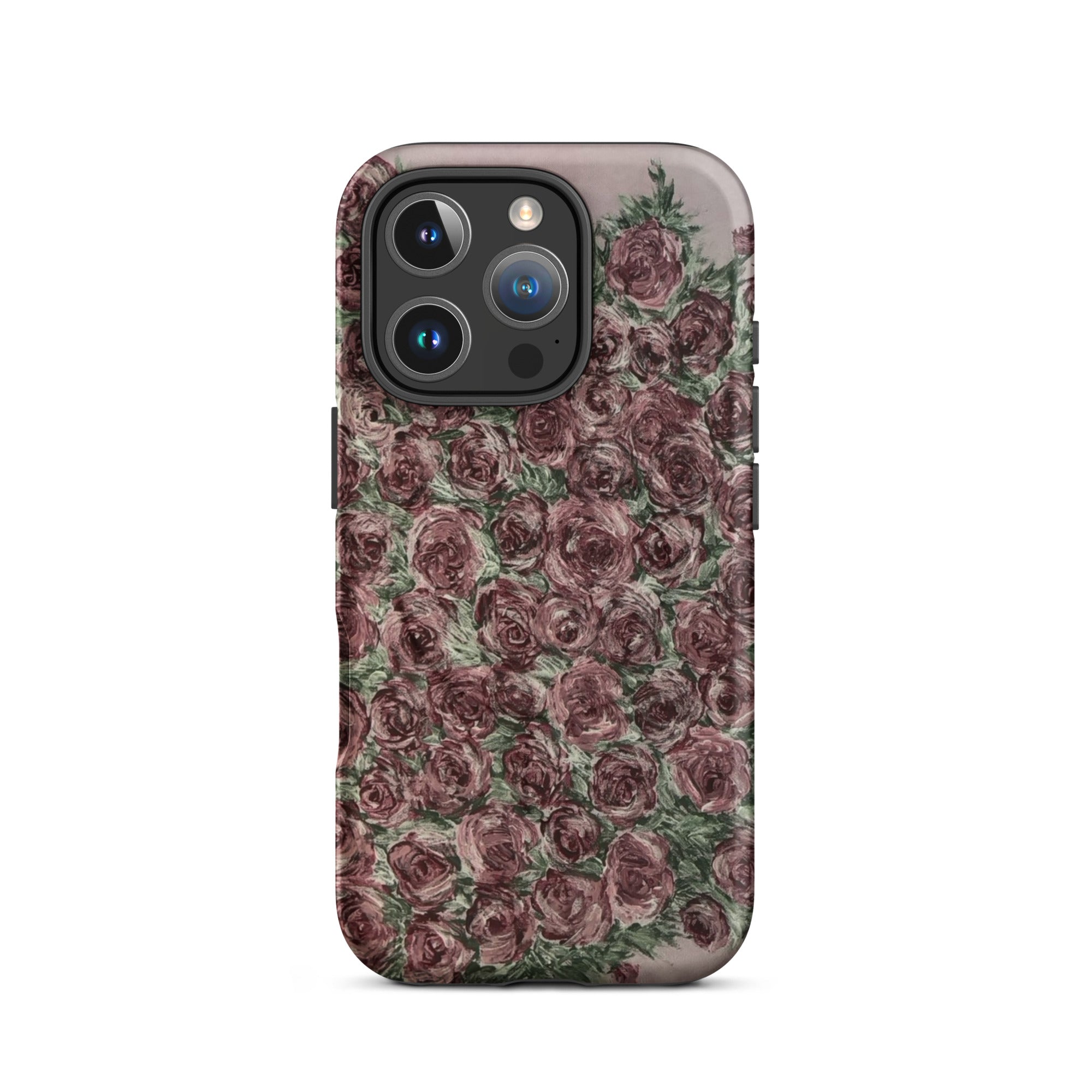 MagSafe tough matte iPhone 16 Pro case featuring a vibrant rose design by Petals & Ash Studio.