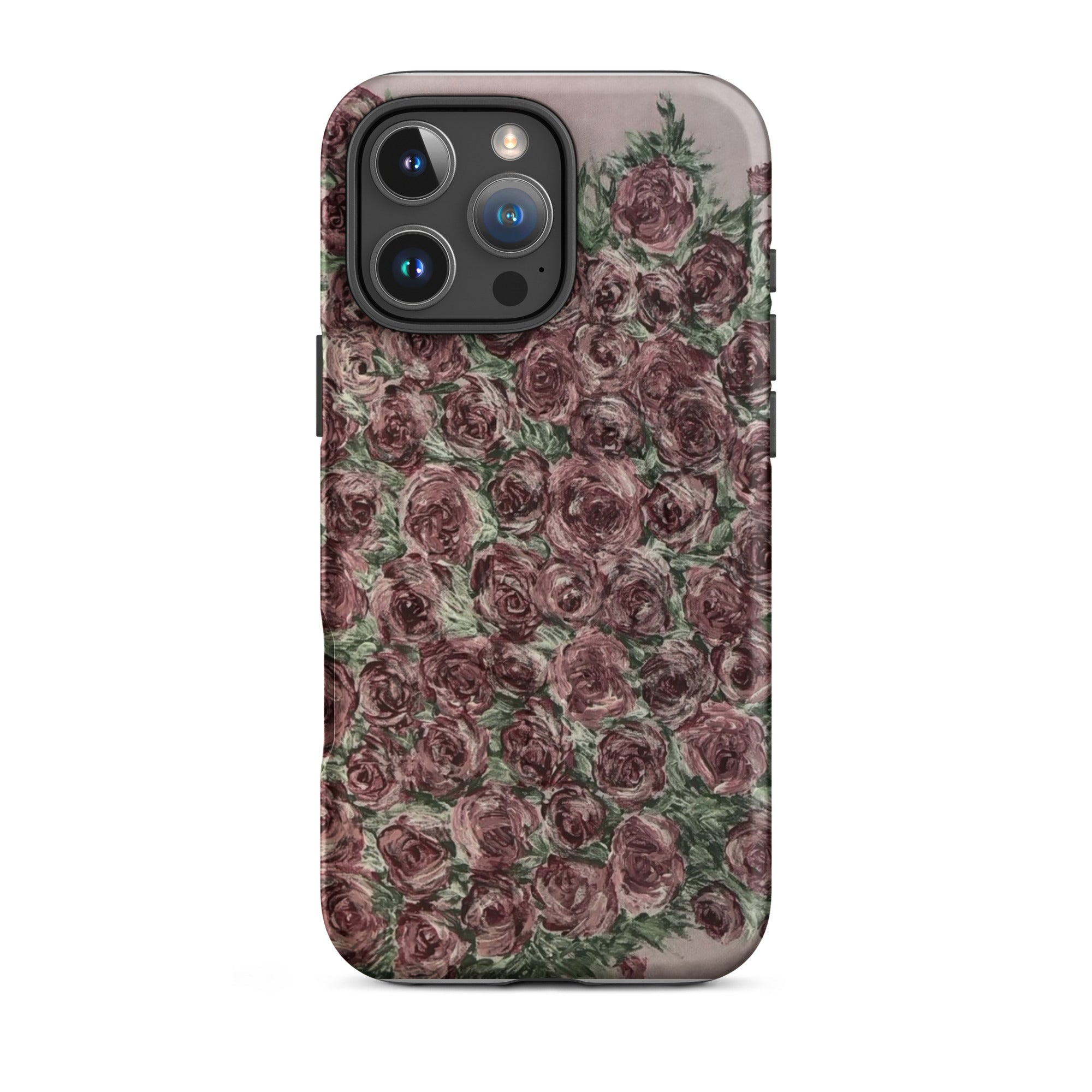 Petals & Ash Studio MagSafe tough case for iPhone 16 Pro Max with an abundance of roses design, matte finish, front view.