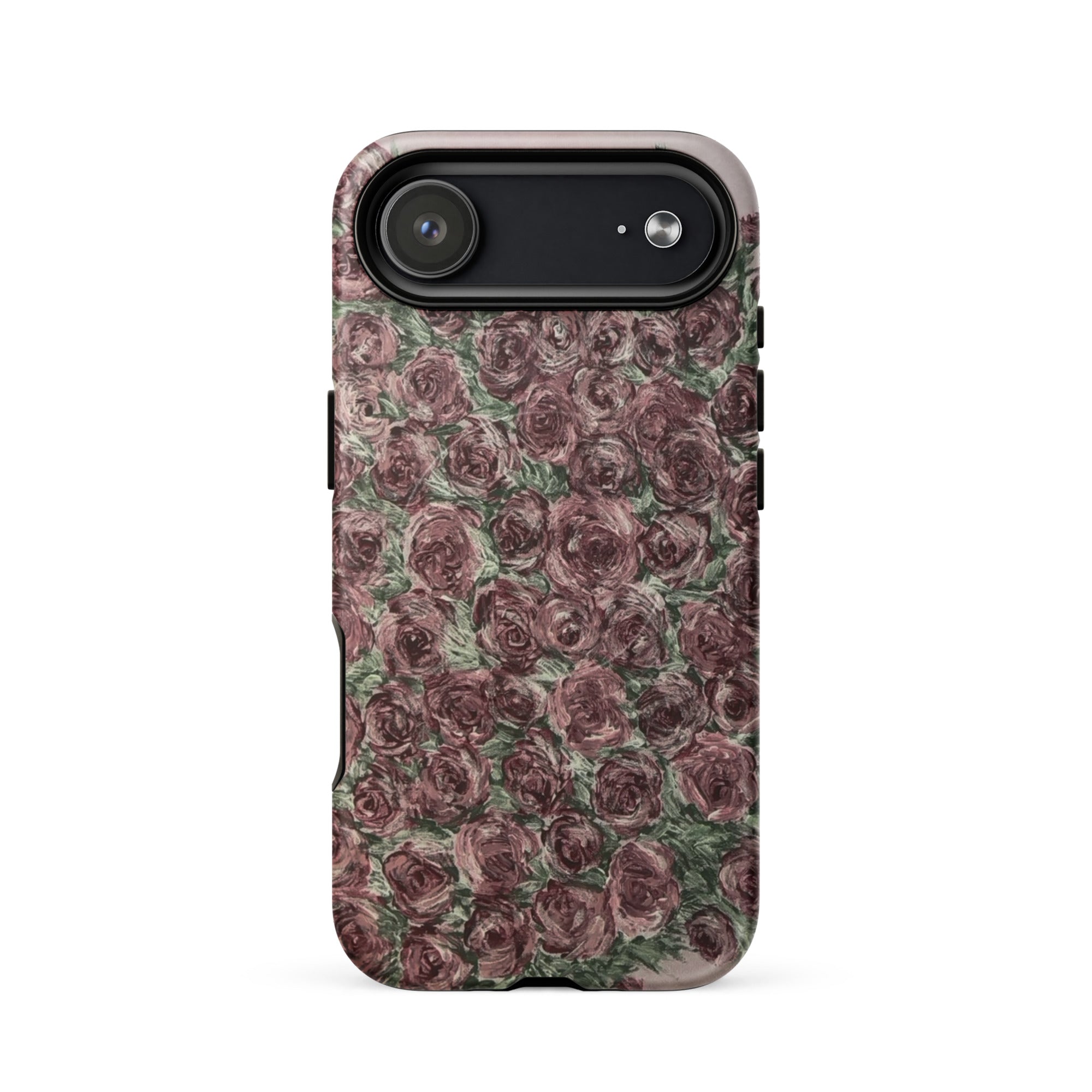 Petals & Ash Studio MagSafe tough case for iPhone 17 with a matte finish and floral rose design.