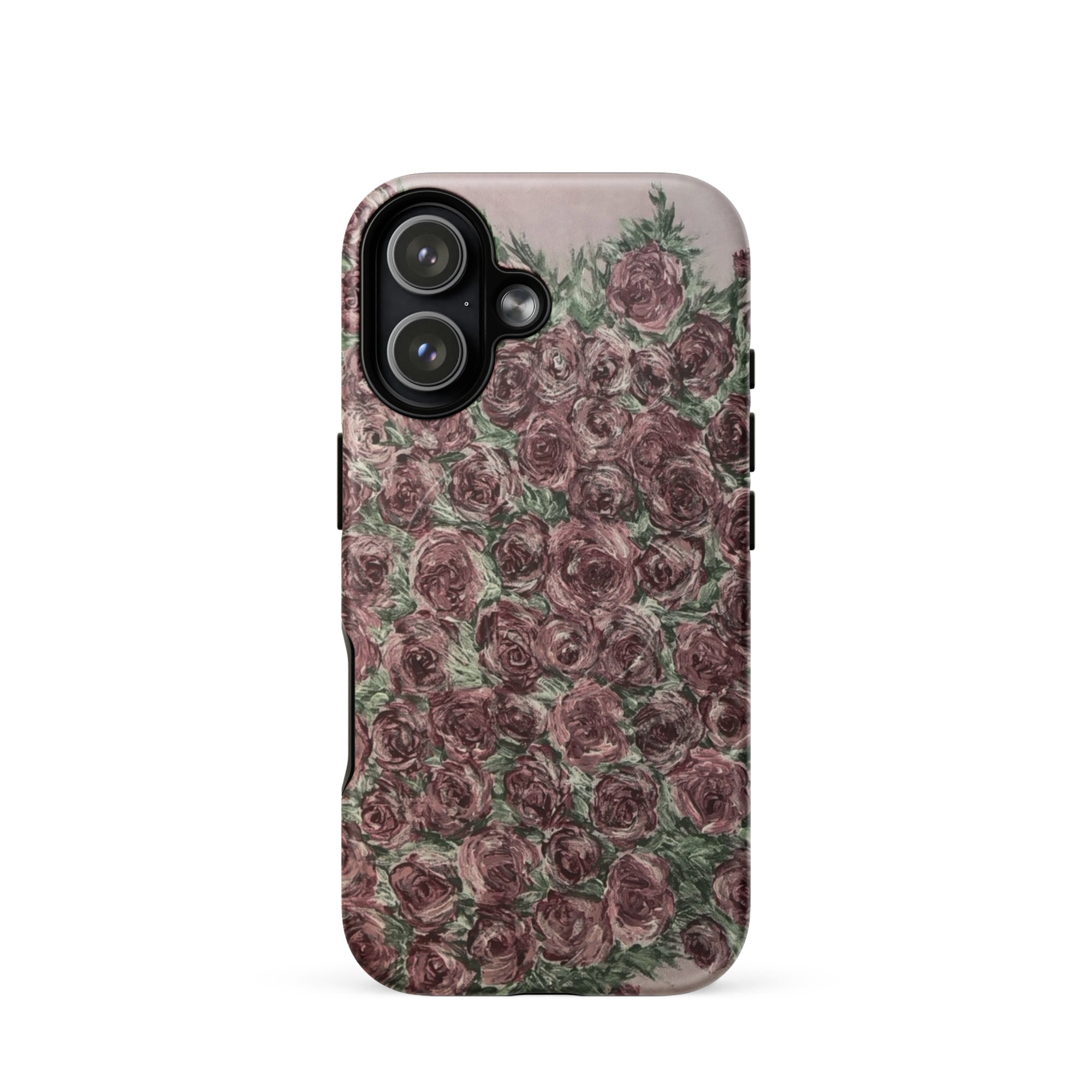 Petals & Ash Studio MagSafe tough iPhone 17 case with rose pattern, matte finish, designed for protection and style.