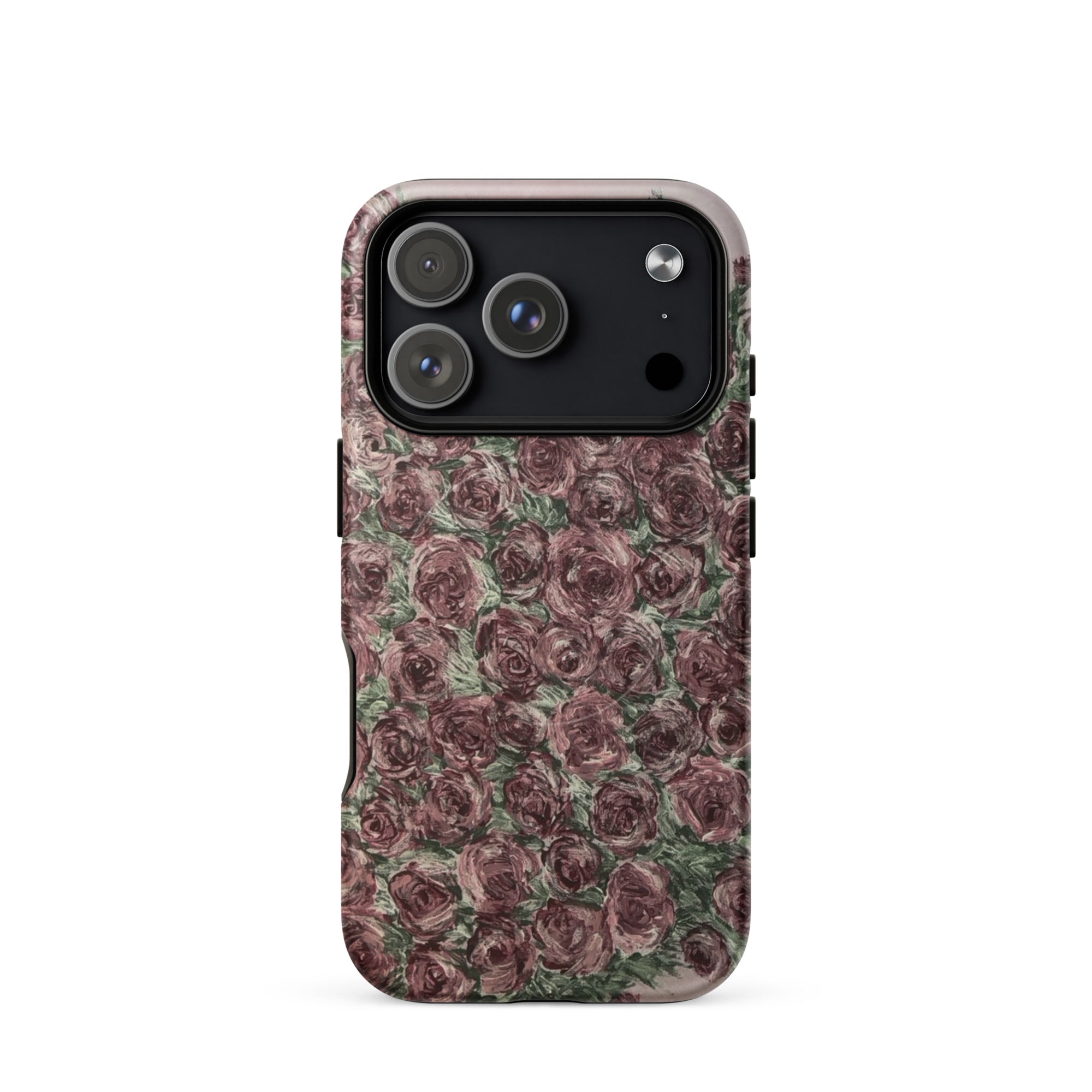 Petals & Ash Studio iPhone 17 Pro MagSafe tough case with an "An Abundance of Roses" matte floral design, front view.