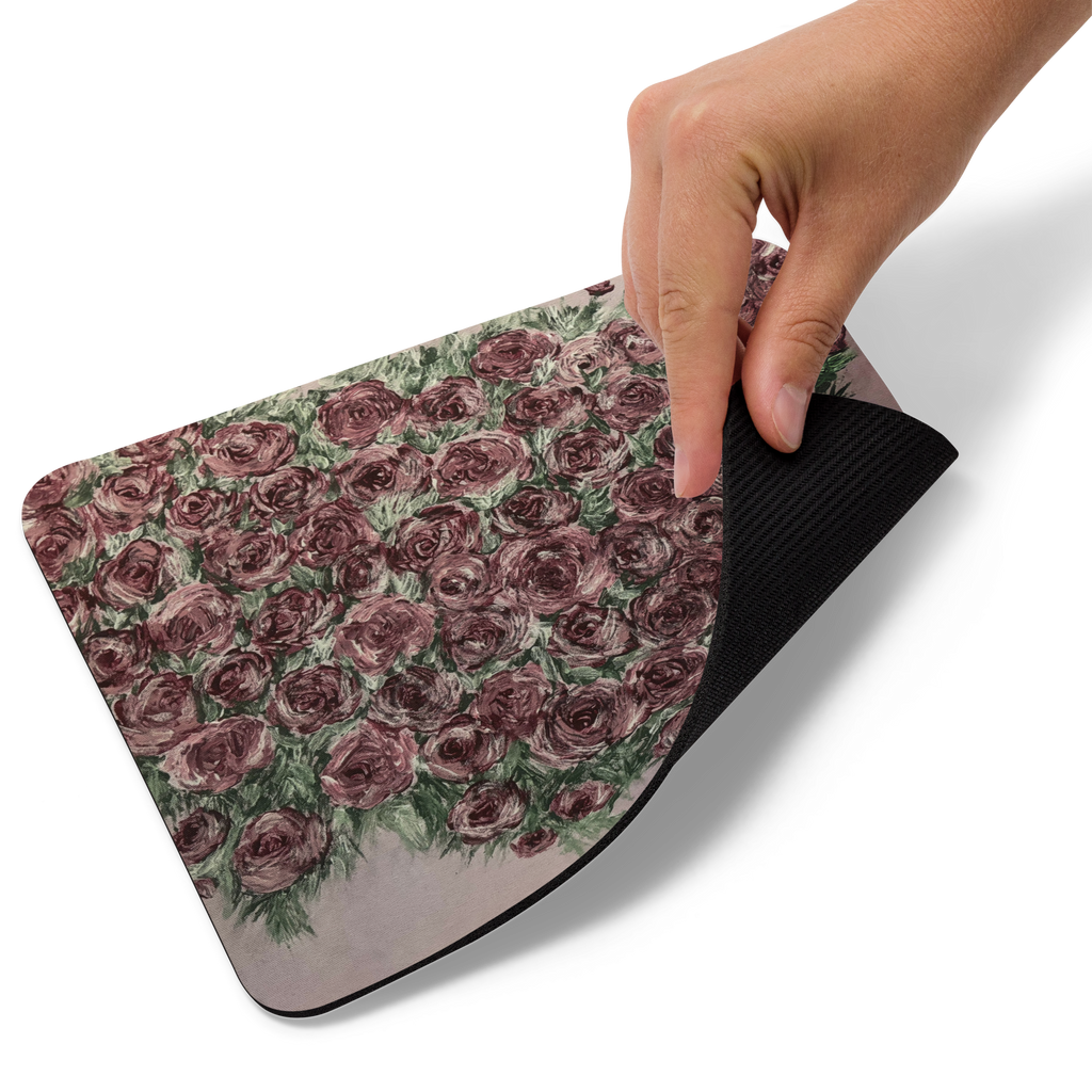 White sublimation mouse pad featuring a vibrant floral design with roses, from Petals & Ash Studio.