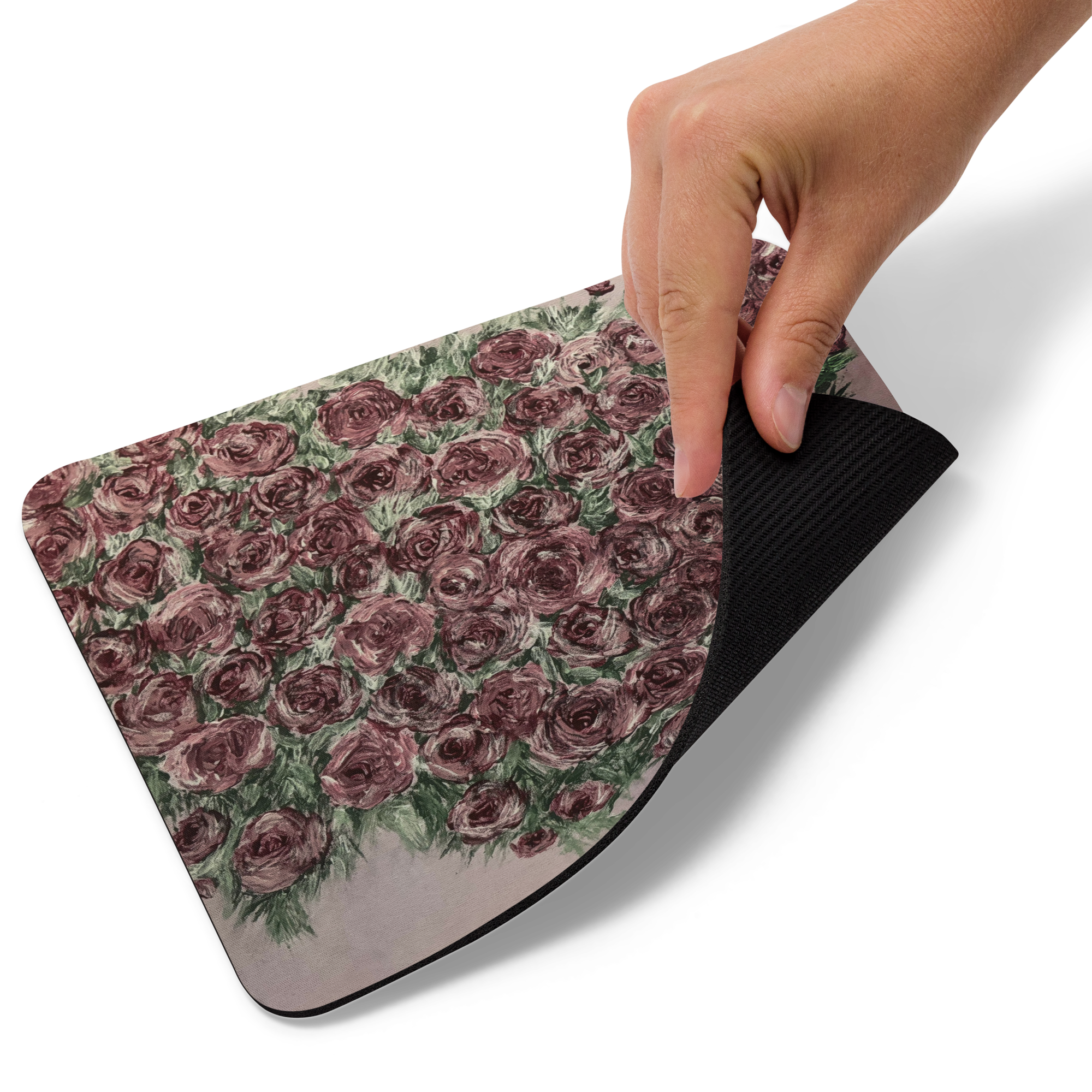 White sublimation mouse pad featuring a vibrant floral design with roses, from Petals & Ash Studio.