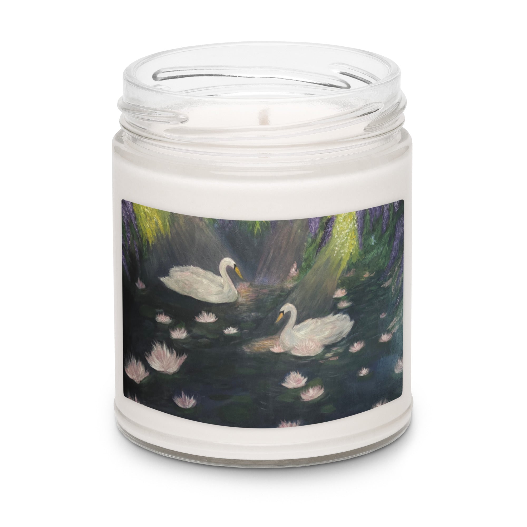 Petals & Ash Studio Swan Lake scented soy candle in a 9oz jar with apple harvest label, cozy and ethereal home decor.