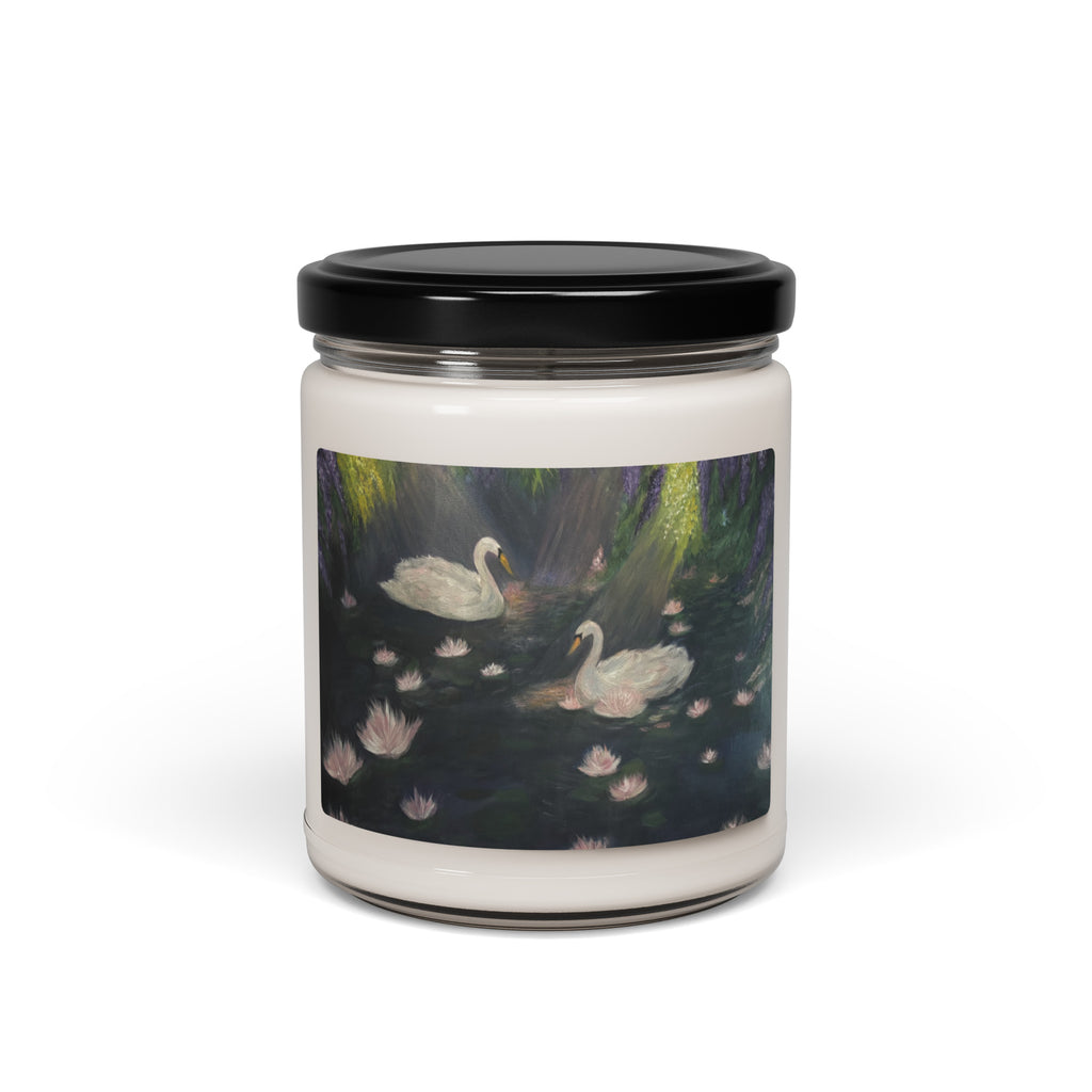 Petals & Ash Studio Swan Lake scented soy candle in a 9oz jar with apple harvest fragrance, front view showing elegant label and candle wax.