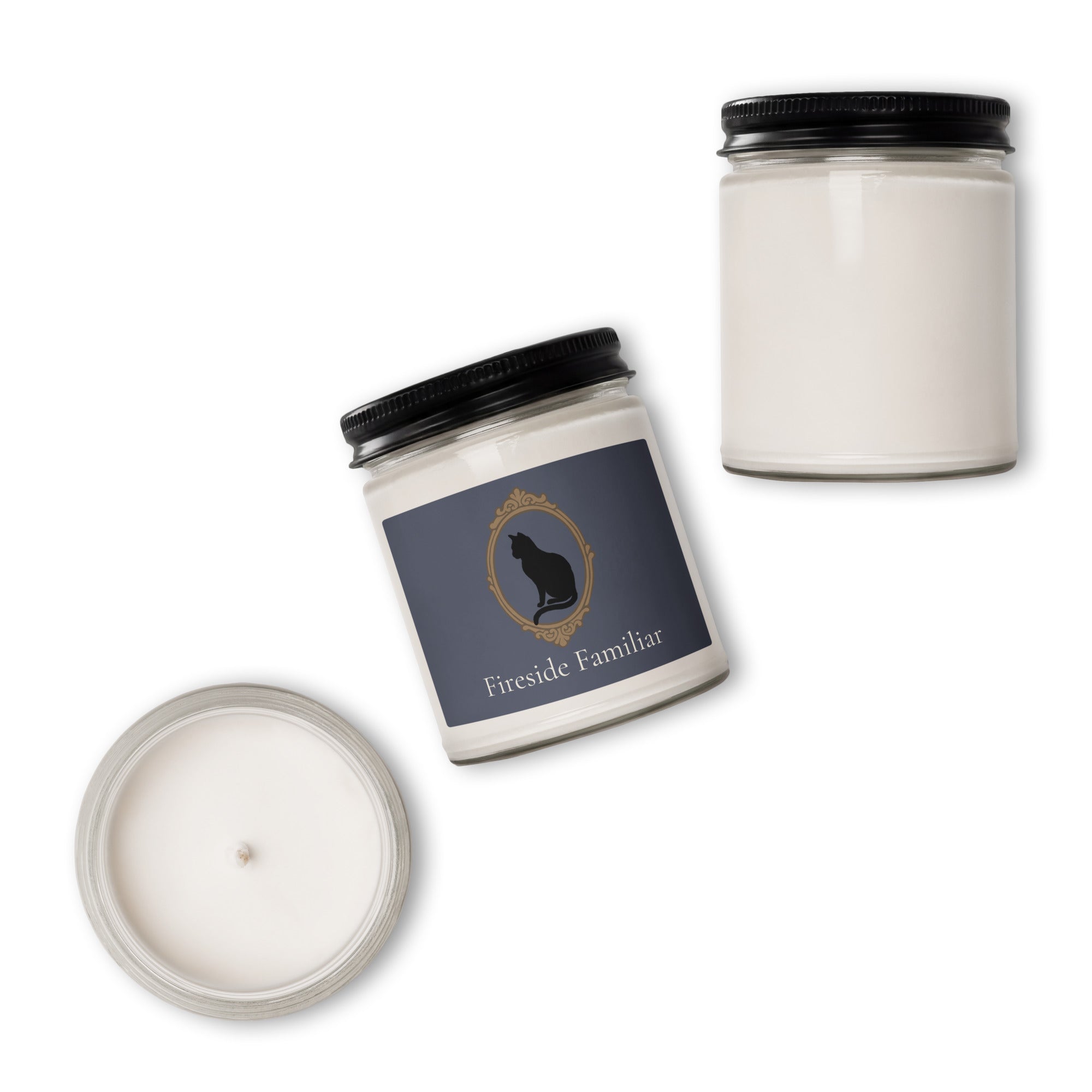 9oz Fireside Familiar Black Cat scented soy candle by Petals & Ash Studio with white sage and lavender fragrance.