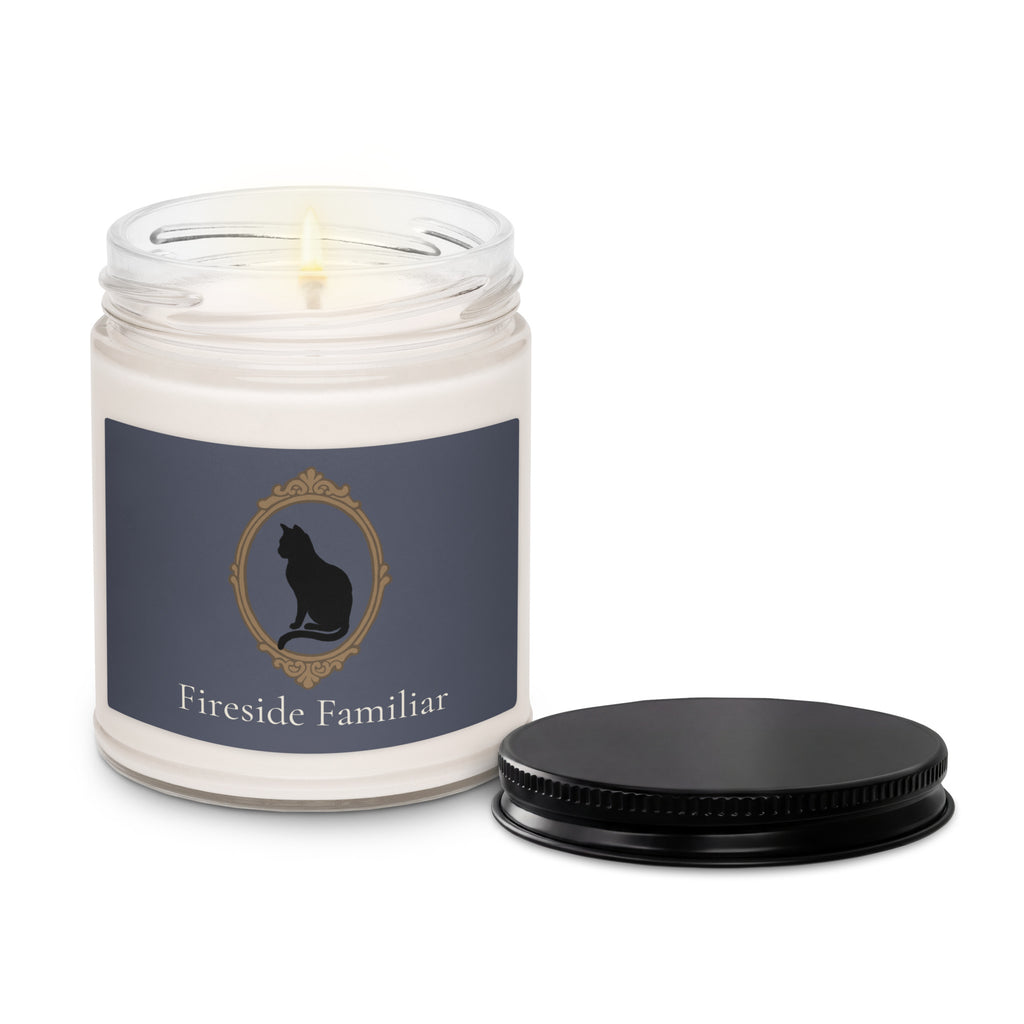 Black cat scented soy candle in a 9oz white jar with sage and lavender fragrance from Petals & Ash Studio.