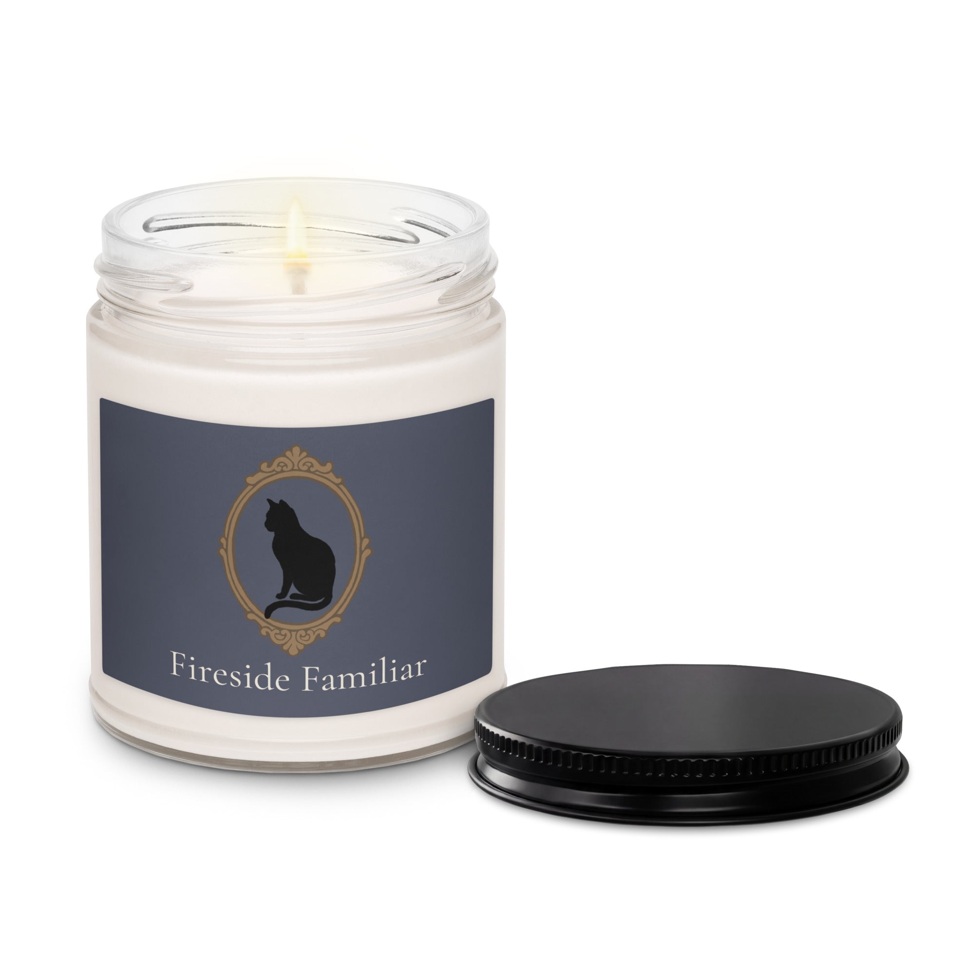 Black cat scented soy candle in a 9oz white jar with sage and lavender fragrance from Petals & Ash Studio.