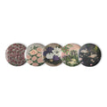 Set of Petals & Ash Studio artwork pin buttons featuring colorful designs, displayed on a white background.
