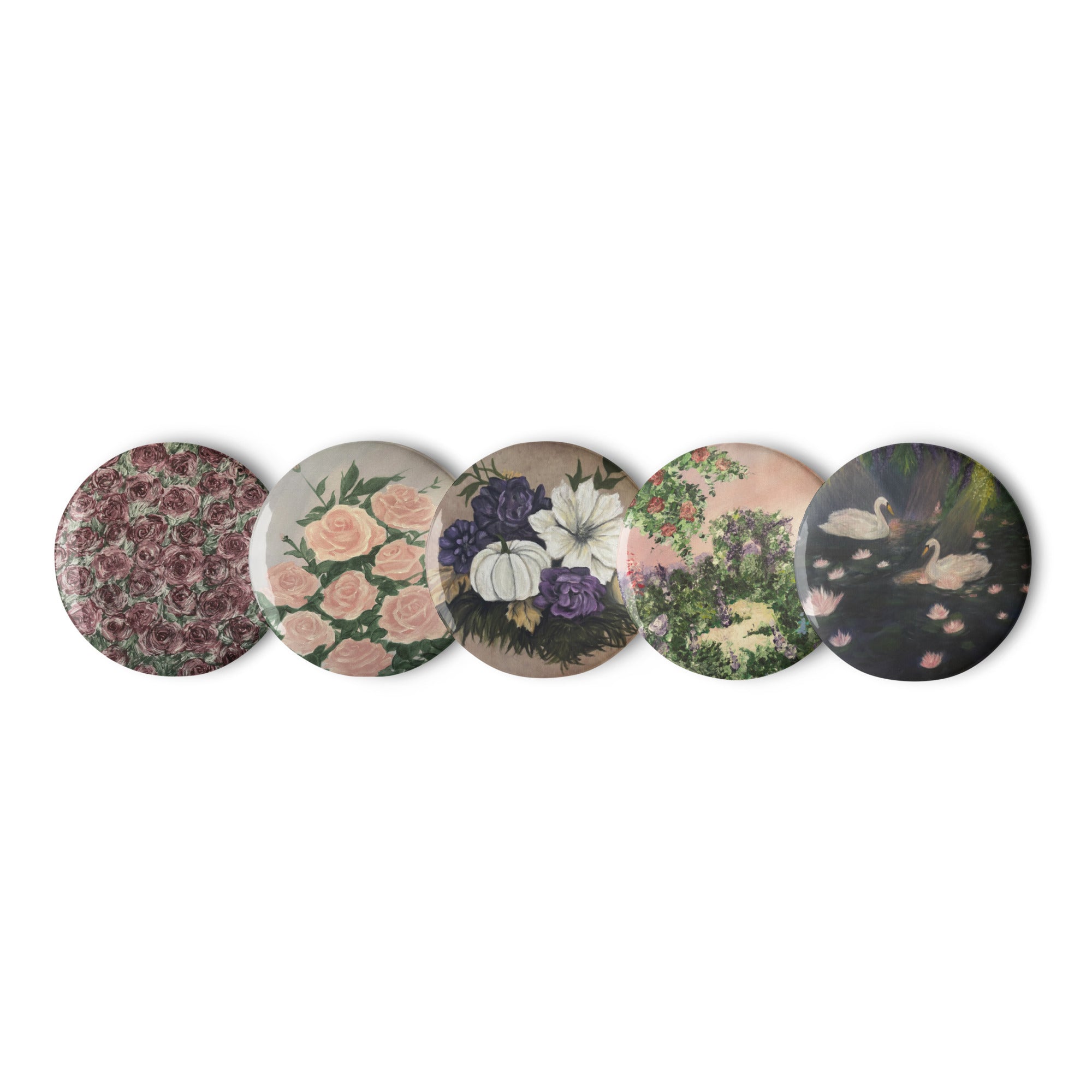 Set of Petals & Ash Studio artwork pin buttons featuring colorful designs, displayed on a white background.