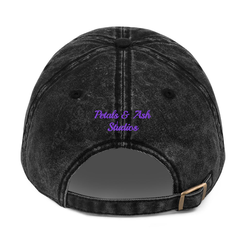 Black vintage cotton twill cap with "Support Local Artists" embroidery from Petals & Ash Studio, shown from the back.