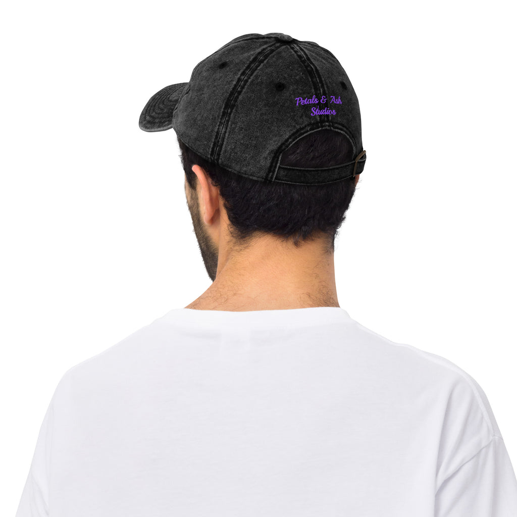 Black vintage cotton twill cap with "Support Local Artists" embroidery by Petals & Ash Studio, viewed from the back.