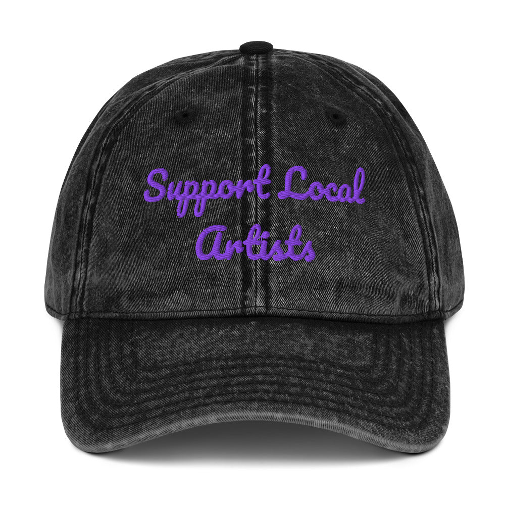 Black vintage cotton twill cap with "Support Local Artists" embroidery from Petals & Ash Studio, front view.