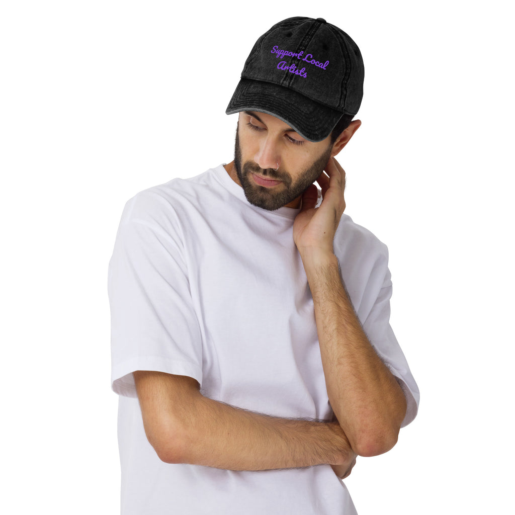 Black vintage cotton twill cap with "Support Local Artists" embroidered front, by Petals & Ash Studio.
