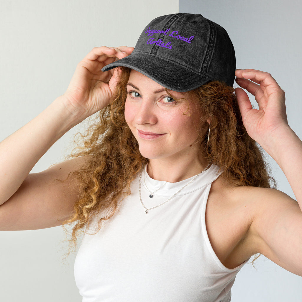 Black vintage cotton twill cap with "Support Local Artists" embroidery by Petals & Ash Studio, front view.