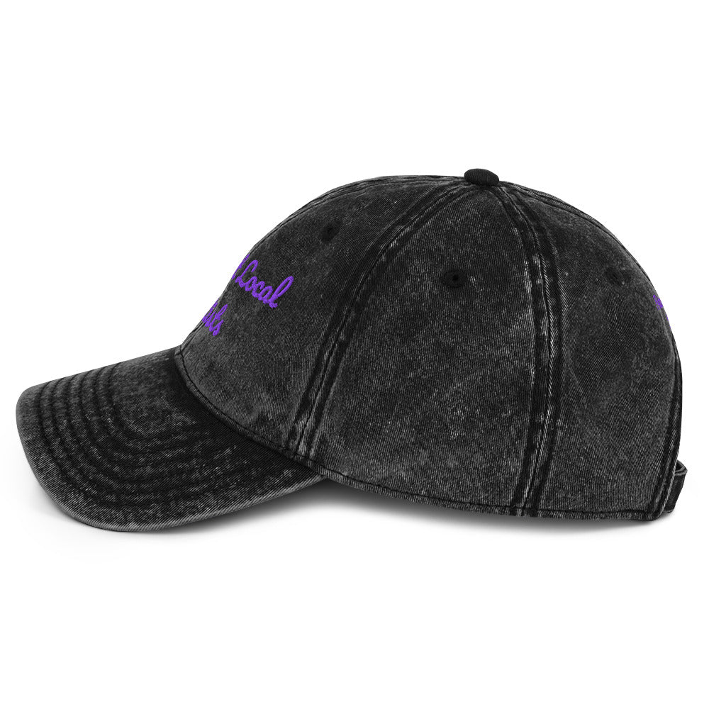 Black vintage cotton twill cap by Petals & Ash Studio with "Support Local Artists" embroidered design on the front.