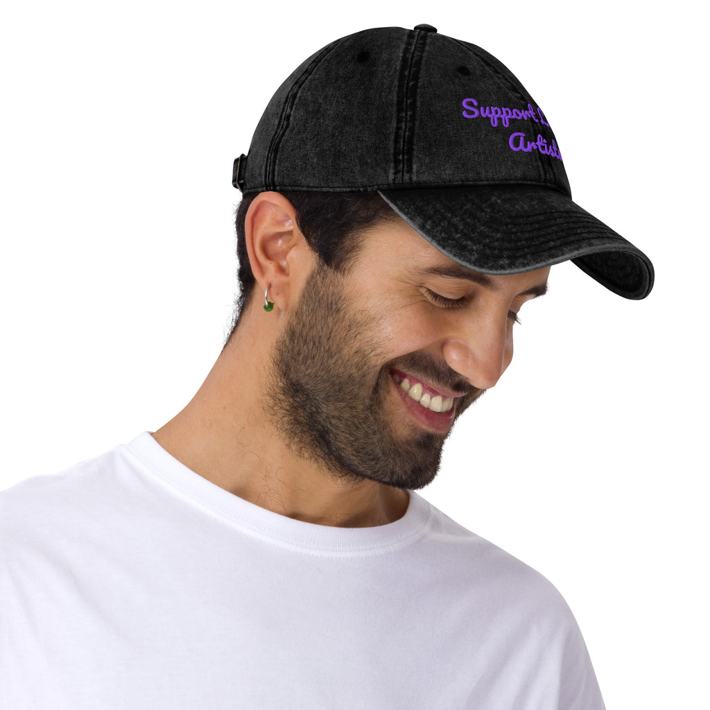 Black vintage cotton twill cap featuring "Support Local Artists" embroidery from Petals & Ash Studio, displayed from the right front angle.